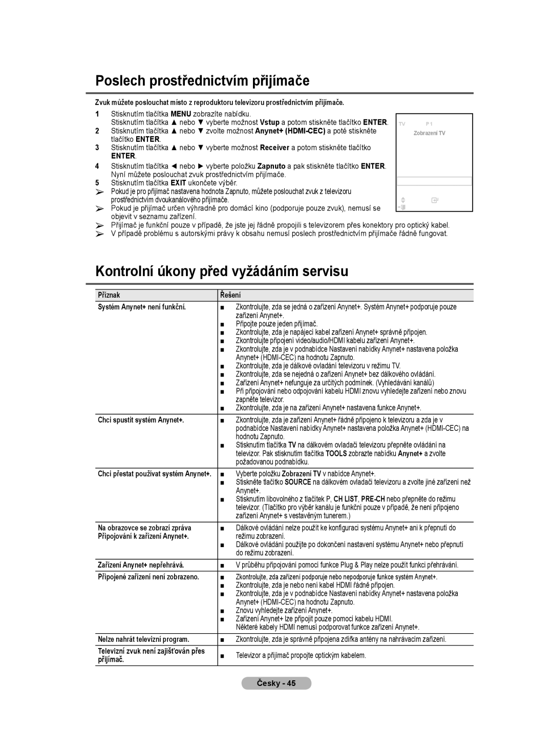 Samsung WMN5090A user manual Poslech prostřednictvím přijímače, Kontrolní úkony před vyžádáním servisu 