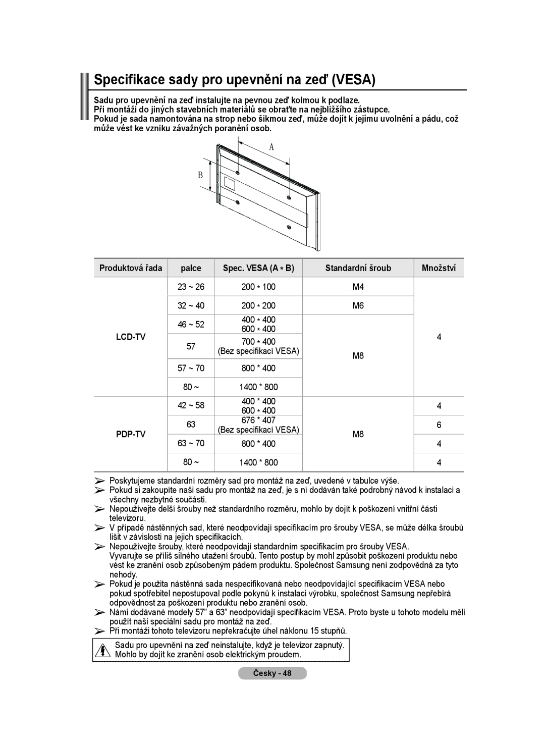 Samsung WMN5090A user manual Specifikace sady pro upevnění na zeď Vesa, Palce, Standardní šroub Množství, Produktová řada 