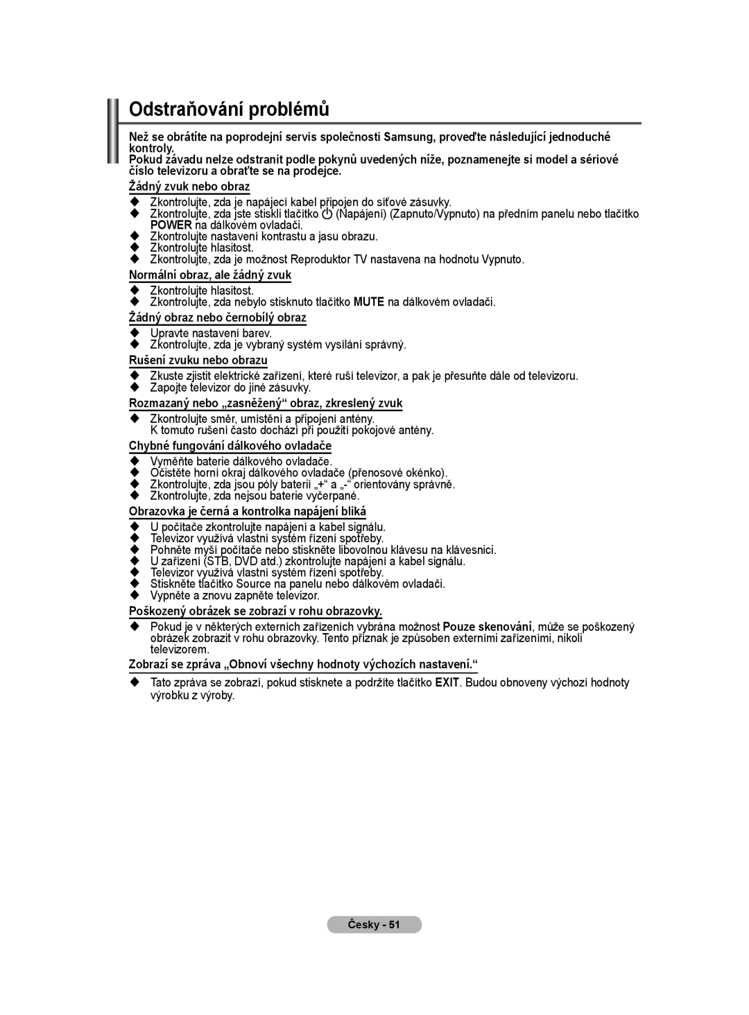 Samsung WMN5090A user manual Odstraňování problémů 