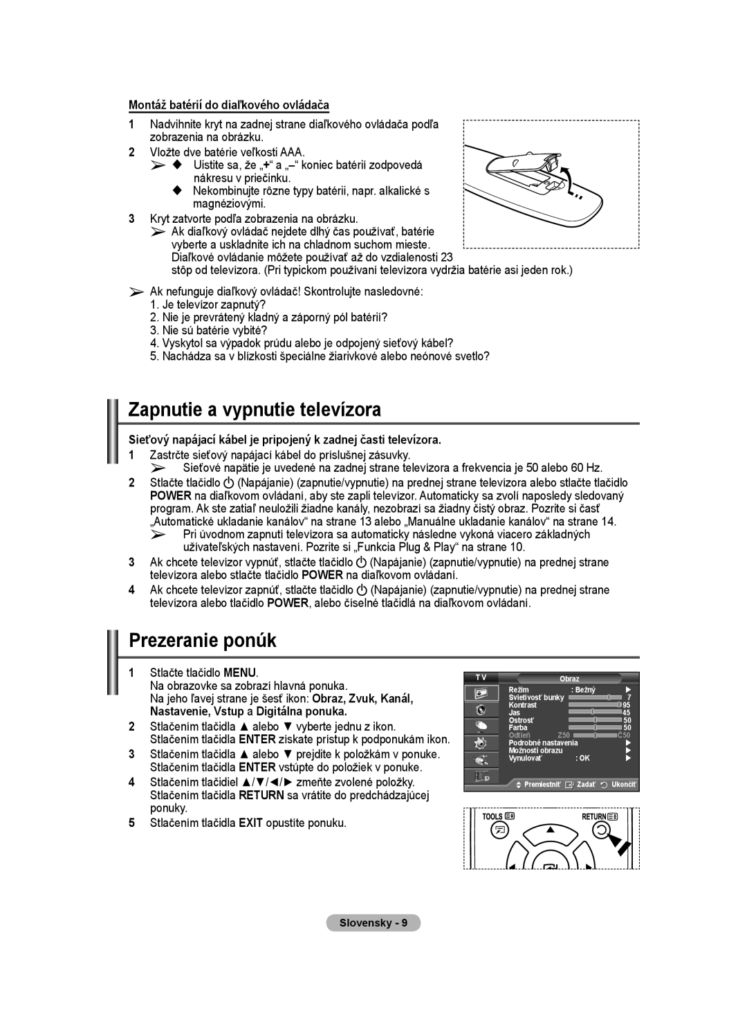 Samsung WMN5090A user manual Zapnutie a vypnutie televízora, Prezeranie ponúk, Montáž batérií do diaľkového ovládača 