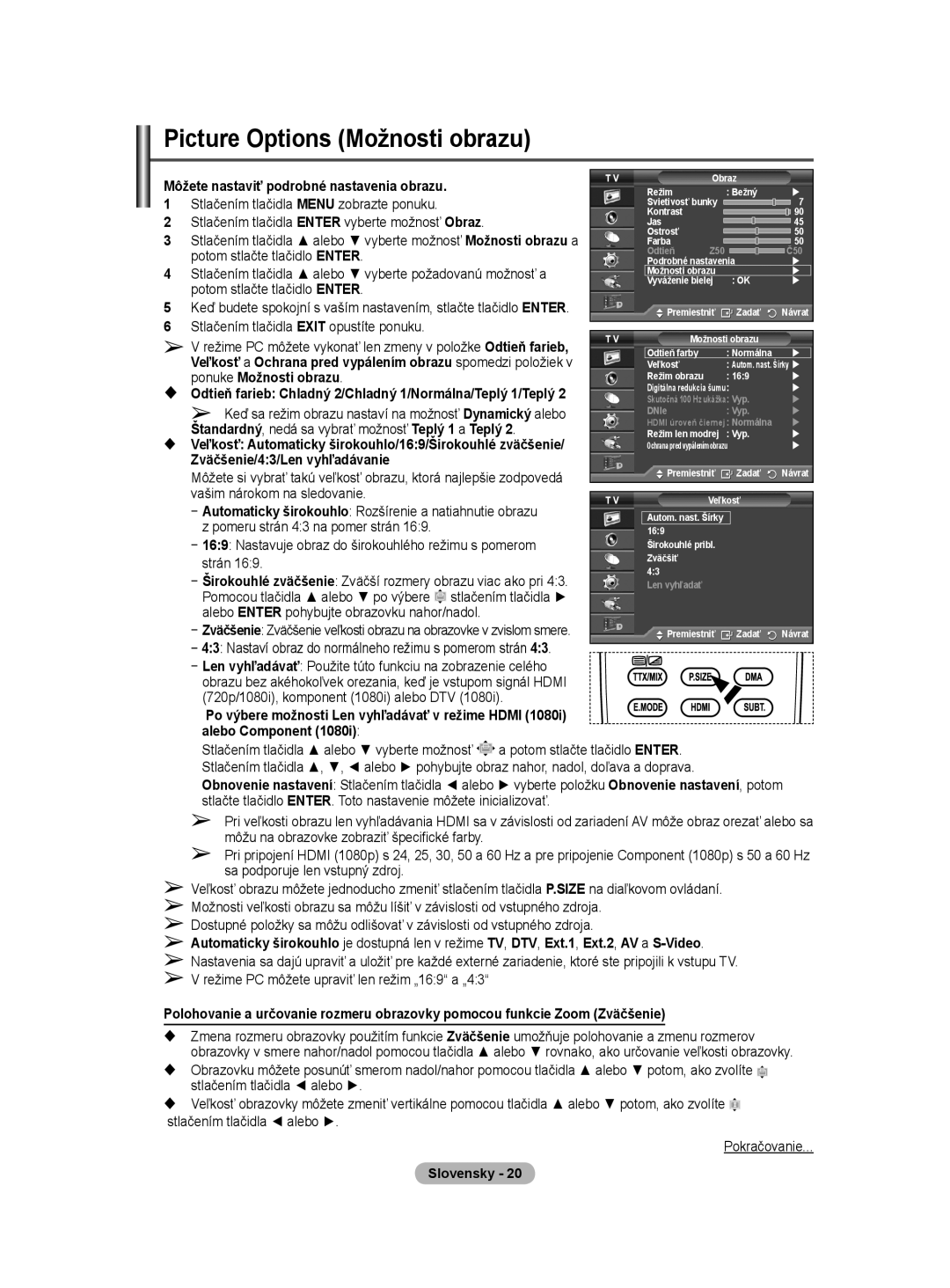 Samsung WMN5090A user manual Picture Options Možnosti obrazu 