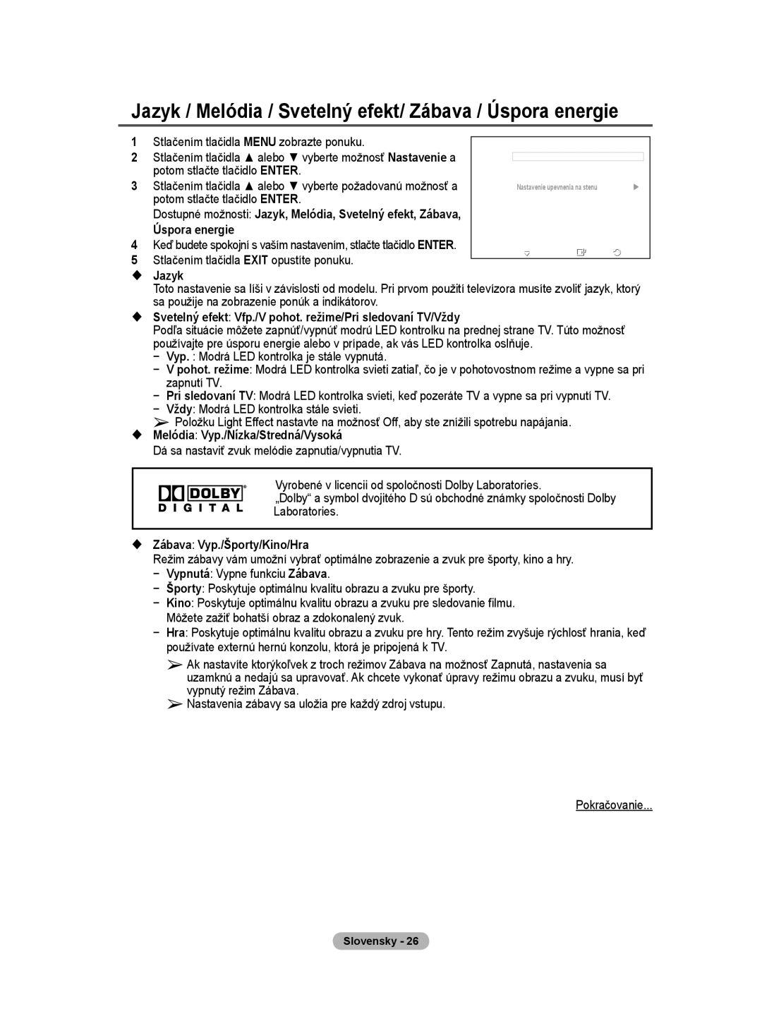 Samsung WMN5090A user manual Jazyk / Melódia / Svetelný efekt/ Zábava / Úspora energie,  Zábava Vyp./Športy/Kino/Hra 