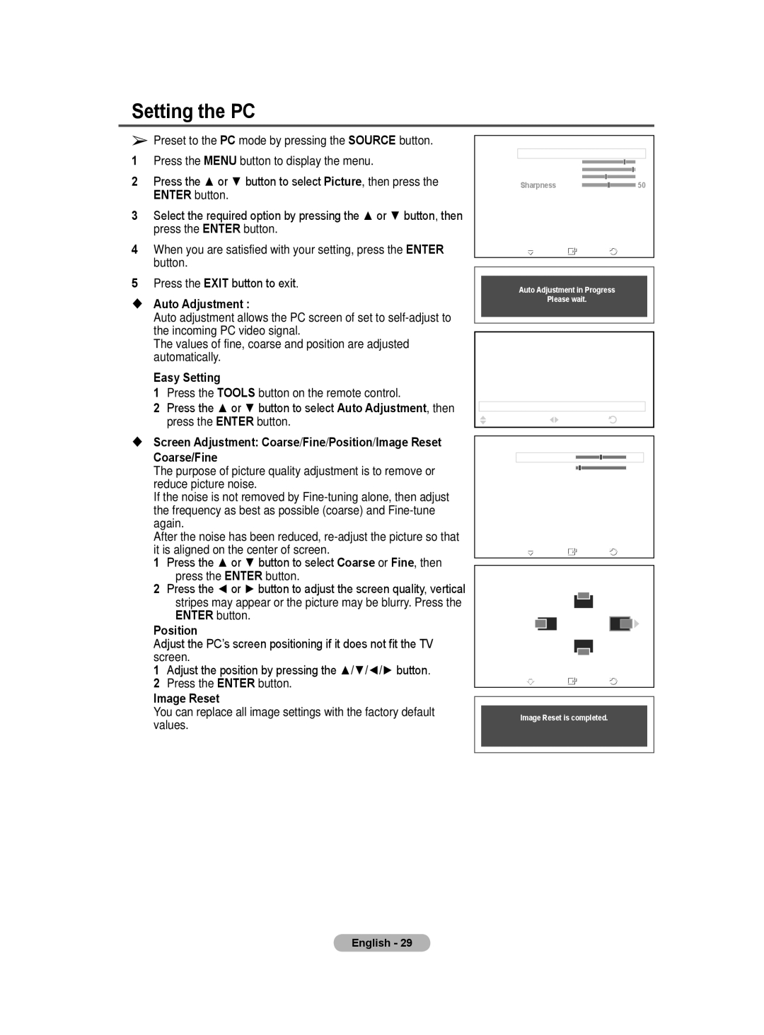 Samsung WMN5090A user manual Setting the PC,  Auto Adjustment, Coarse/Fine, Position, Image Reset 