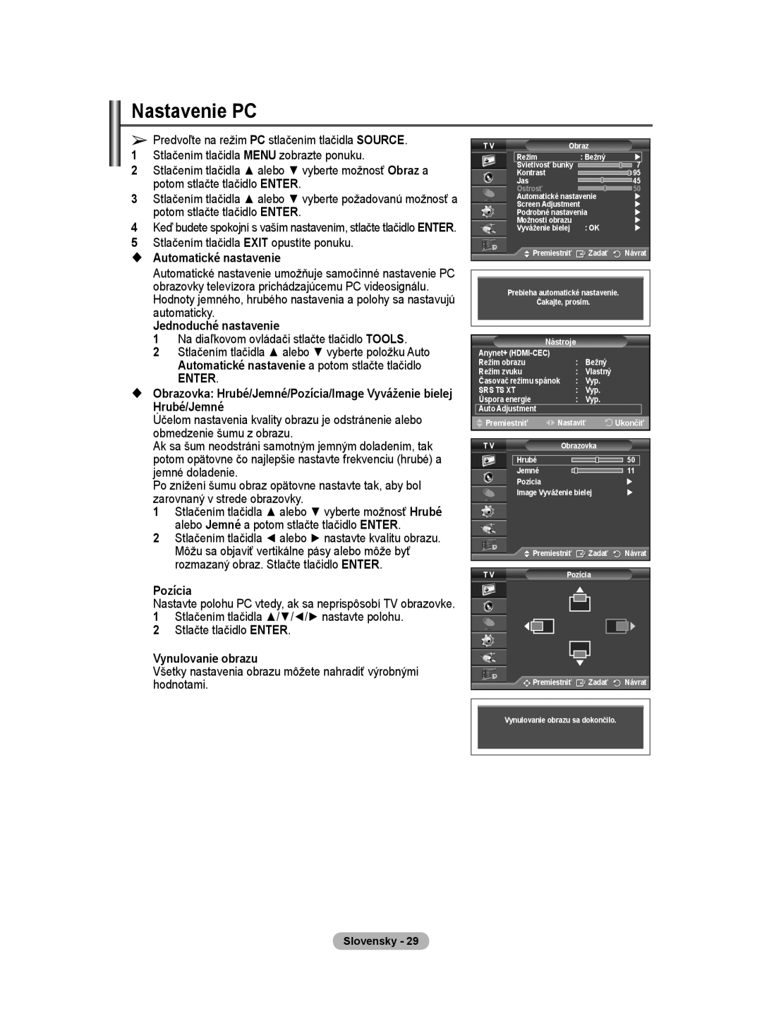 Samsung WMN5090A user manual Nastavenie PC,  Automatické nastavenie, Pozícia, Vynulovanie obrazu 