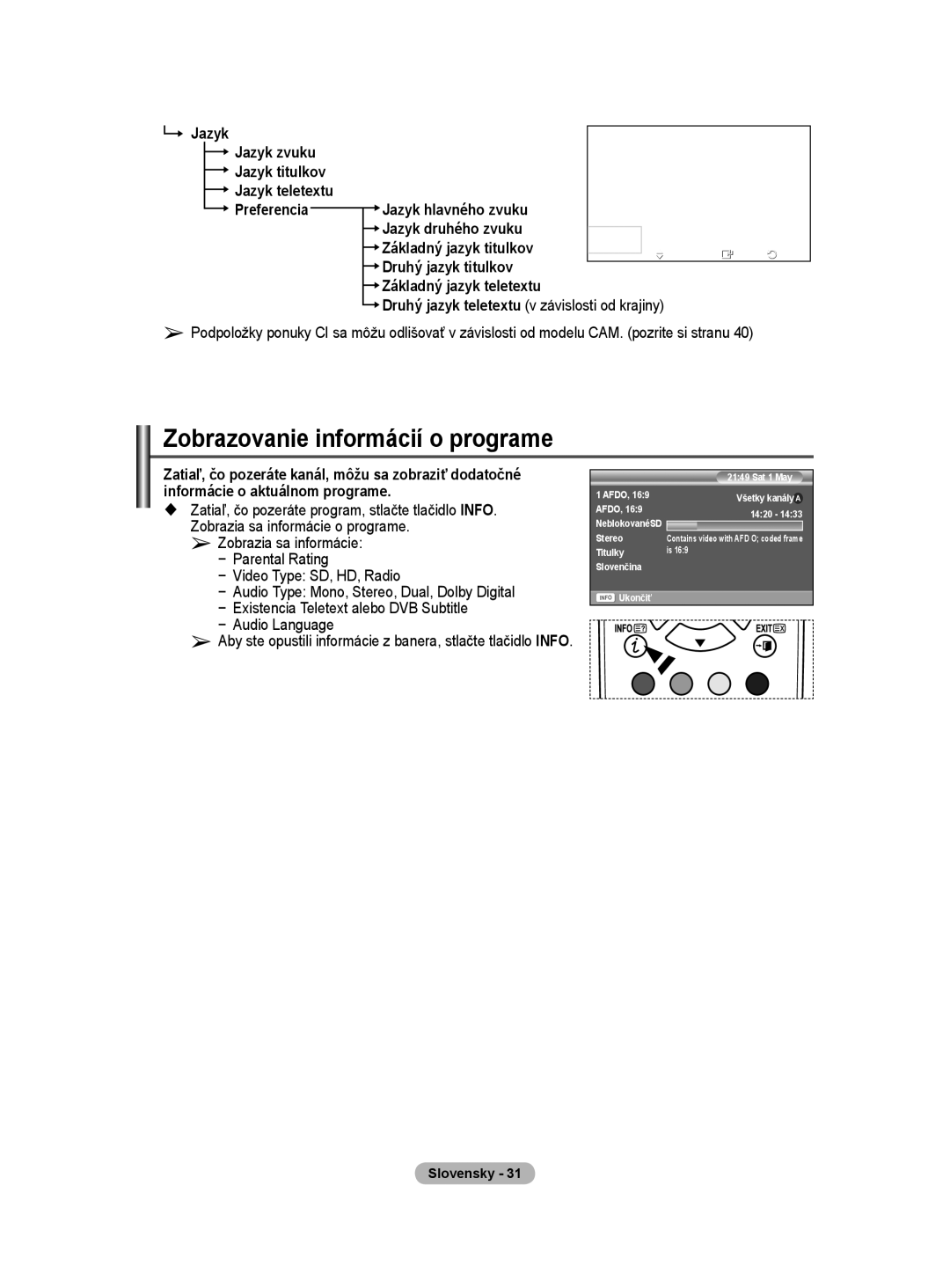 Samsung WMN5090A Zobrazovanie informácií o programe, Jazyk hlavného zvuku, Jazyk druhého zvuku Základný jazyk titulkov 