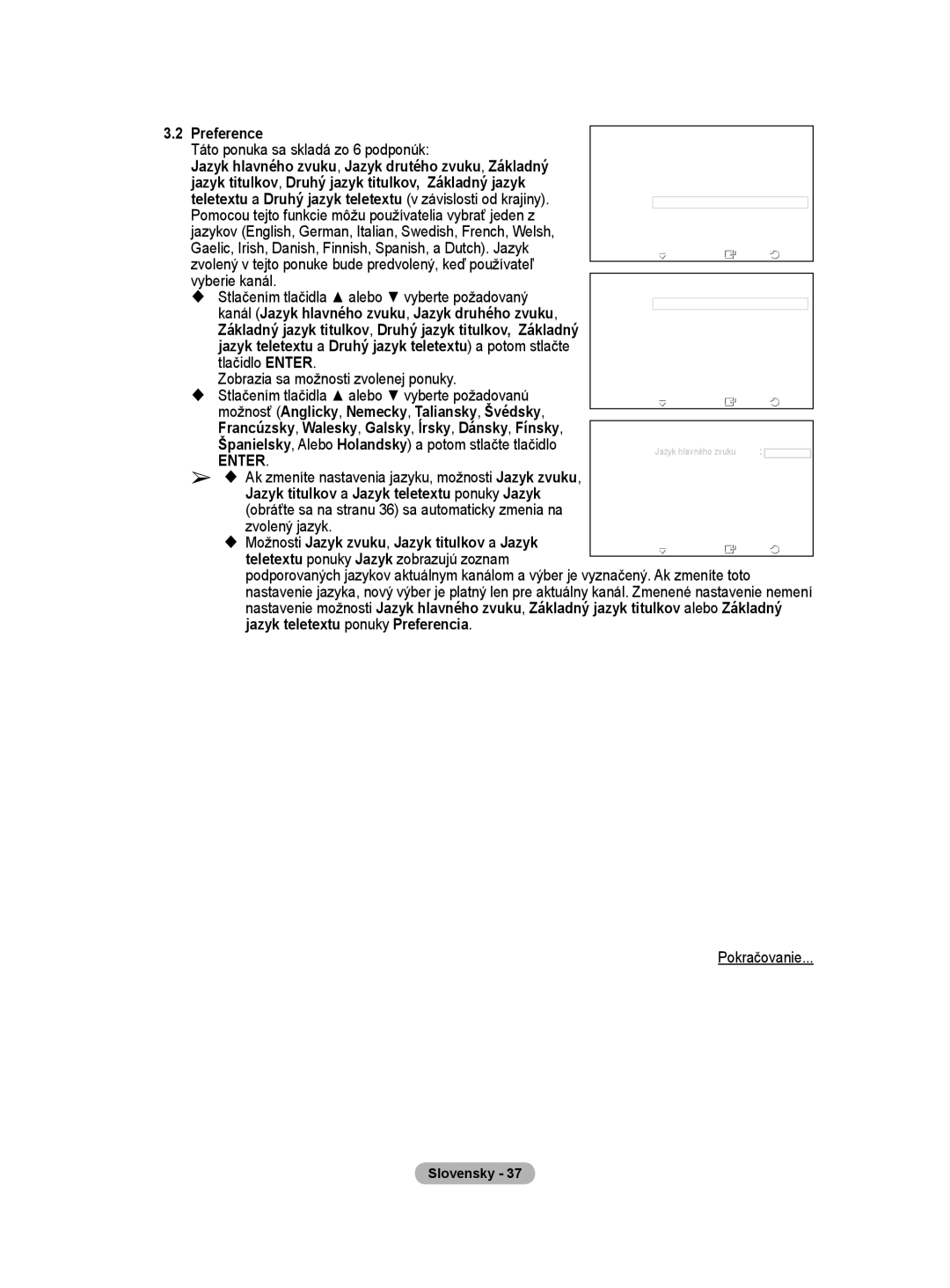 Samsung WMN5090A user manual Jazyk titulkov, Druhý jazyk titulkov, Základný jazyk, Jazyk teletextu ponuky Preferencia 