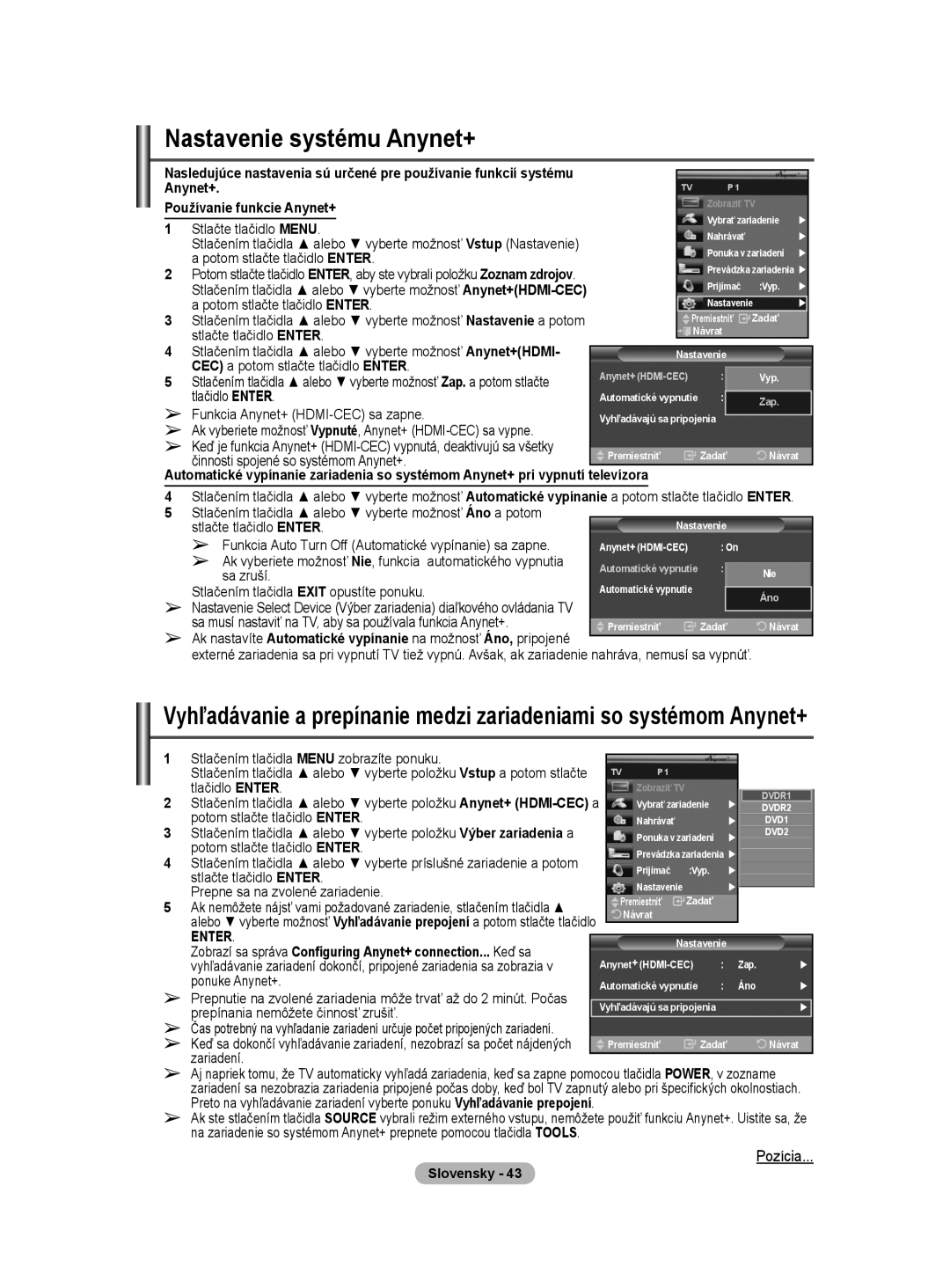 Samsung WMN5090A user manual Nastavenie systému Anynet+, Pozícia 