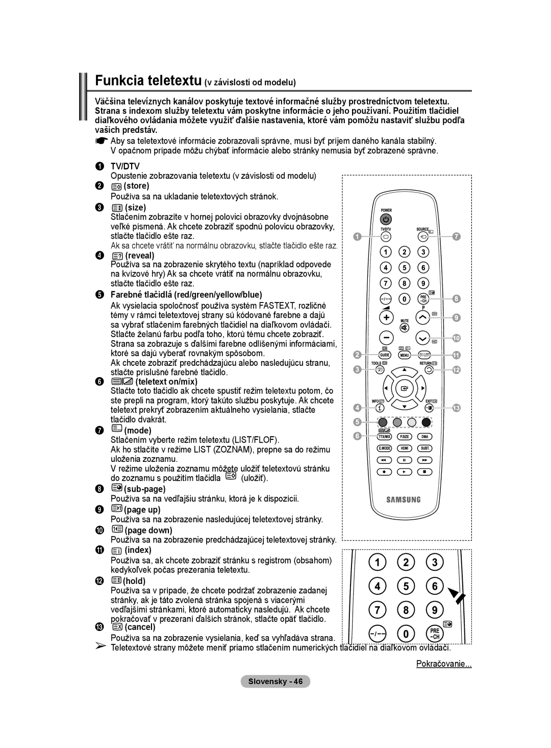 Samsung WMN5090A user manual Funkcia teletextu v závislosti od modelu, Farebné tlačidlá red/green/yellow/blue 