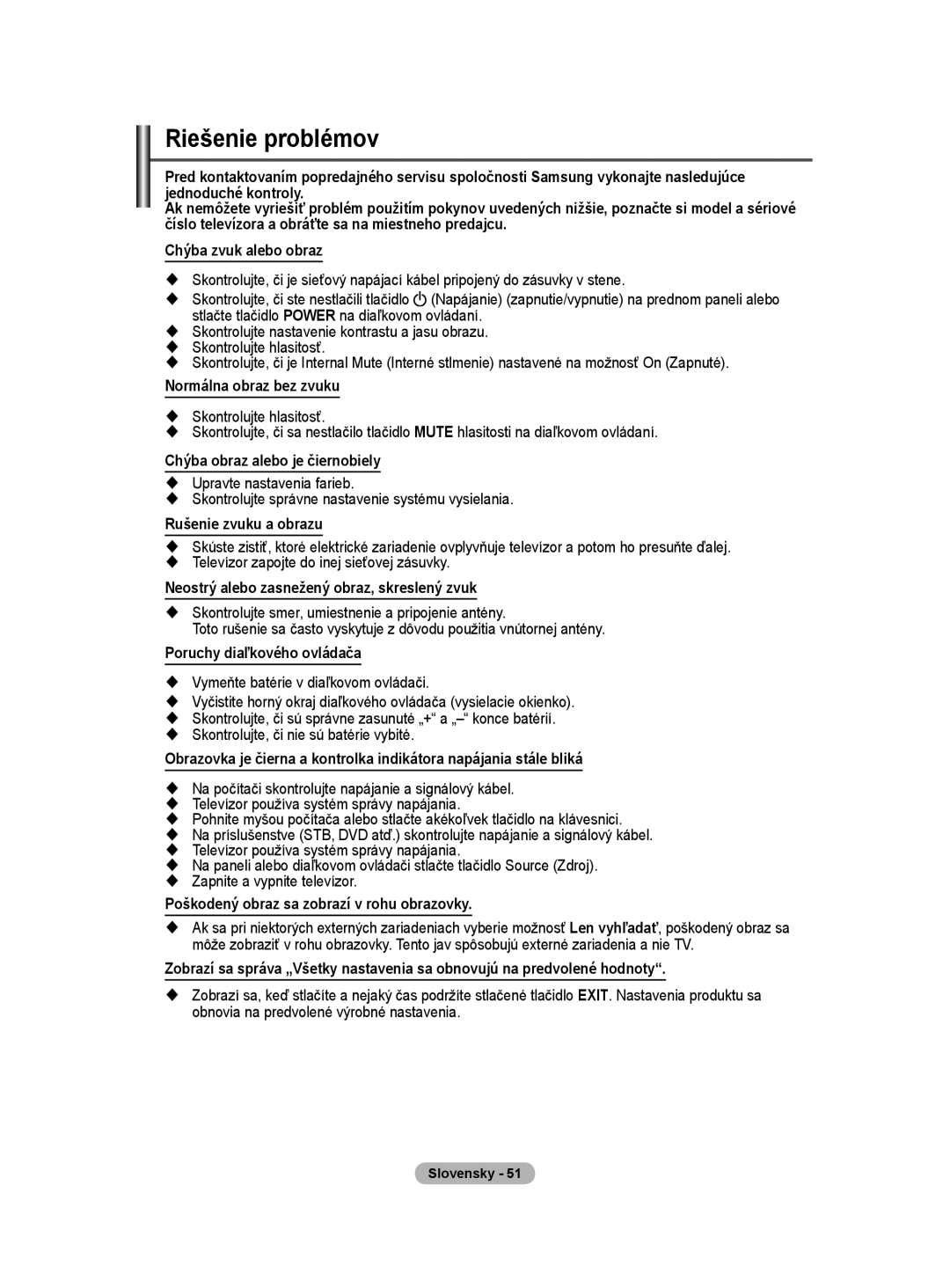 Samsung WMN5090A user manual Riešenie problémov 