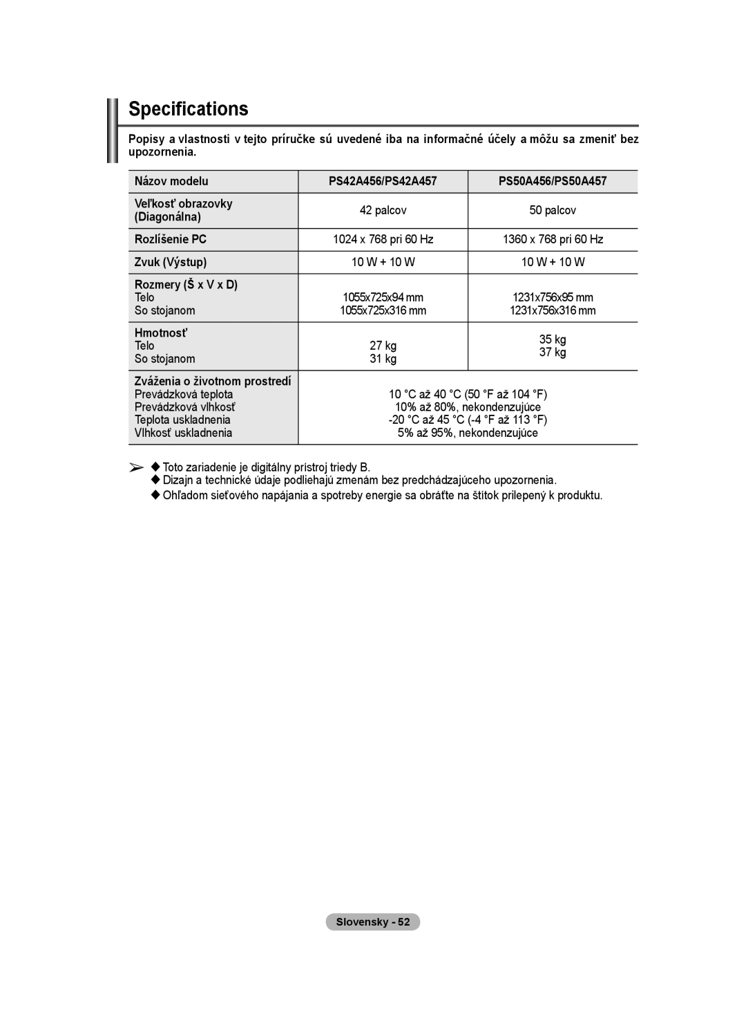 Samsung WMN5090A user manual Diagonálna, Rozlíšenie PC, Rozmery Š x V x D, Hmotnosť 