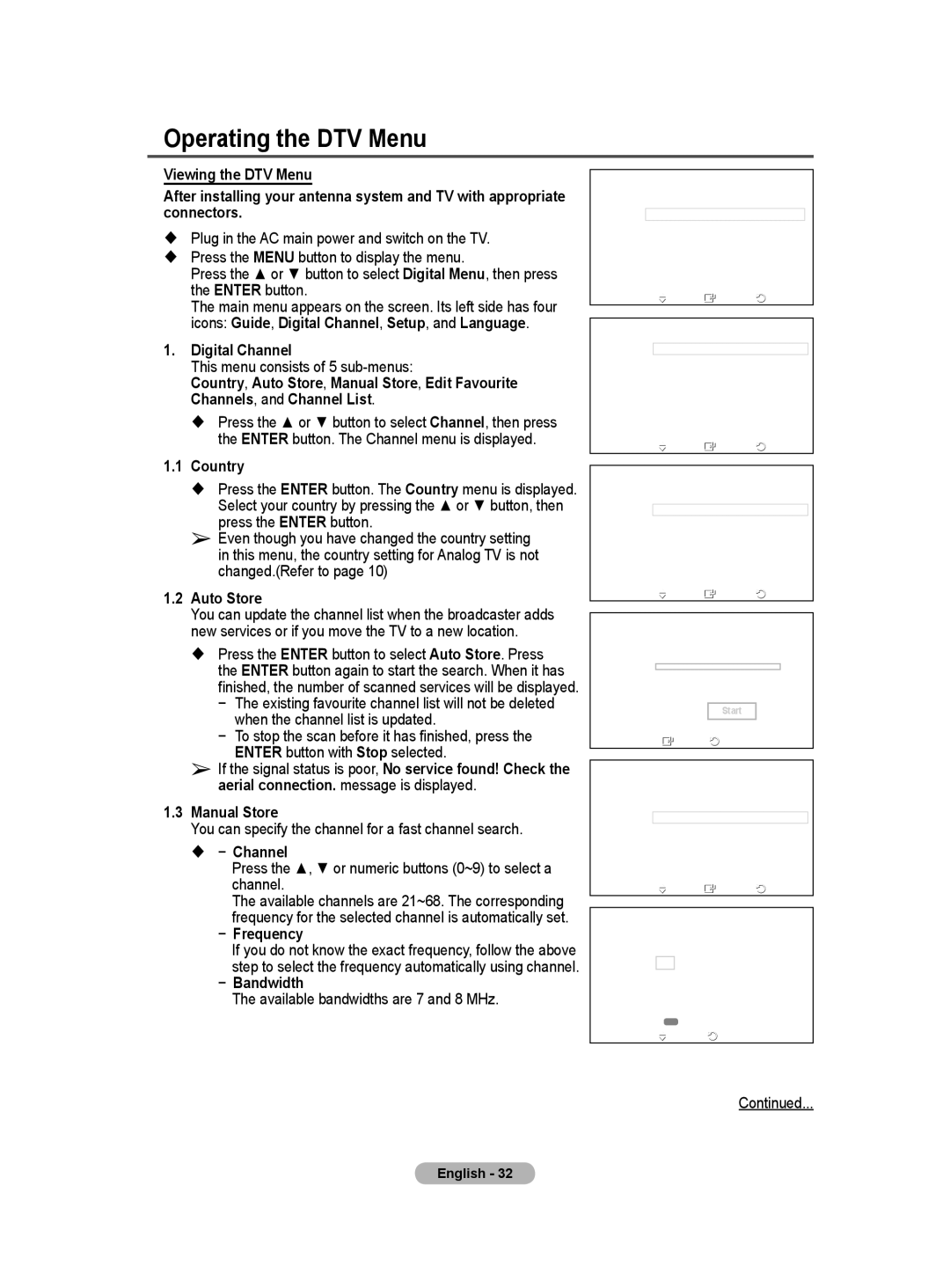 Samsung WMN5090A user manual Operating the DTV Menu, Digital Channel,  − Channel, Frequency, Bandwidth 