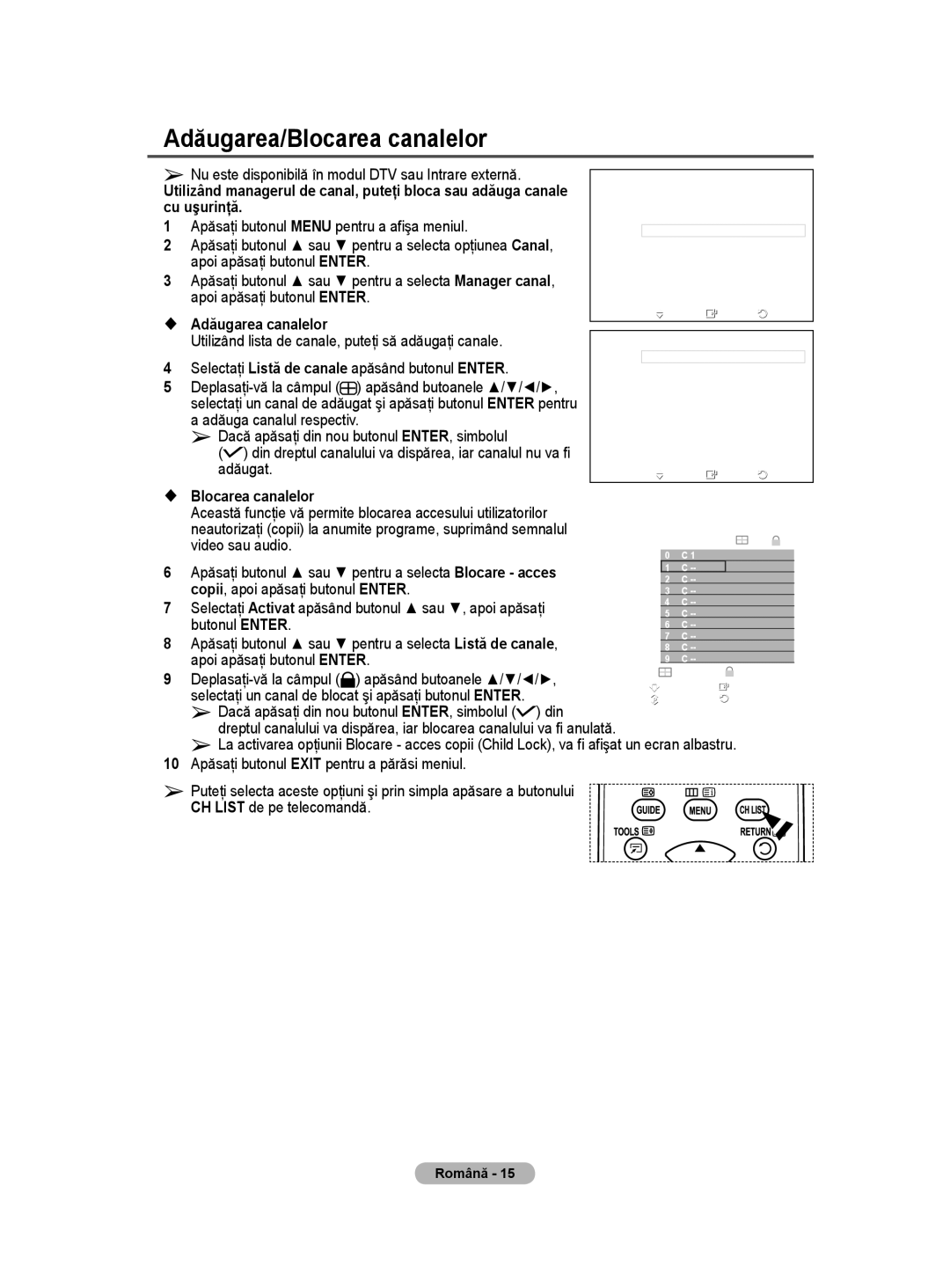 Samsung WMN5090A user manual Adăugarea/Blocarea canalelor 