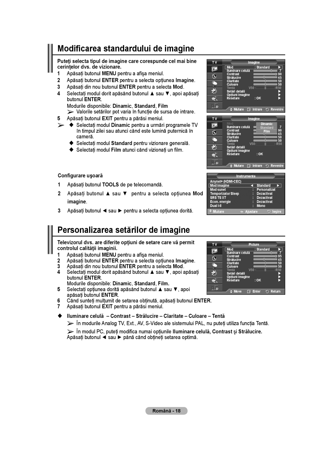 Samsung WMN5090A user manual Modificarea standardului de imagine, Personalizarea setărilor de imagine, Configurare uşoară 