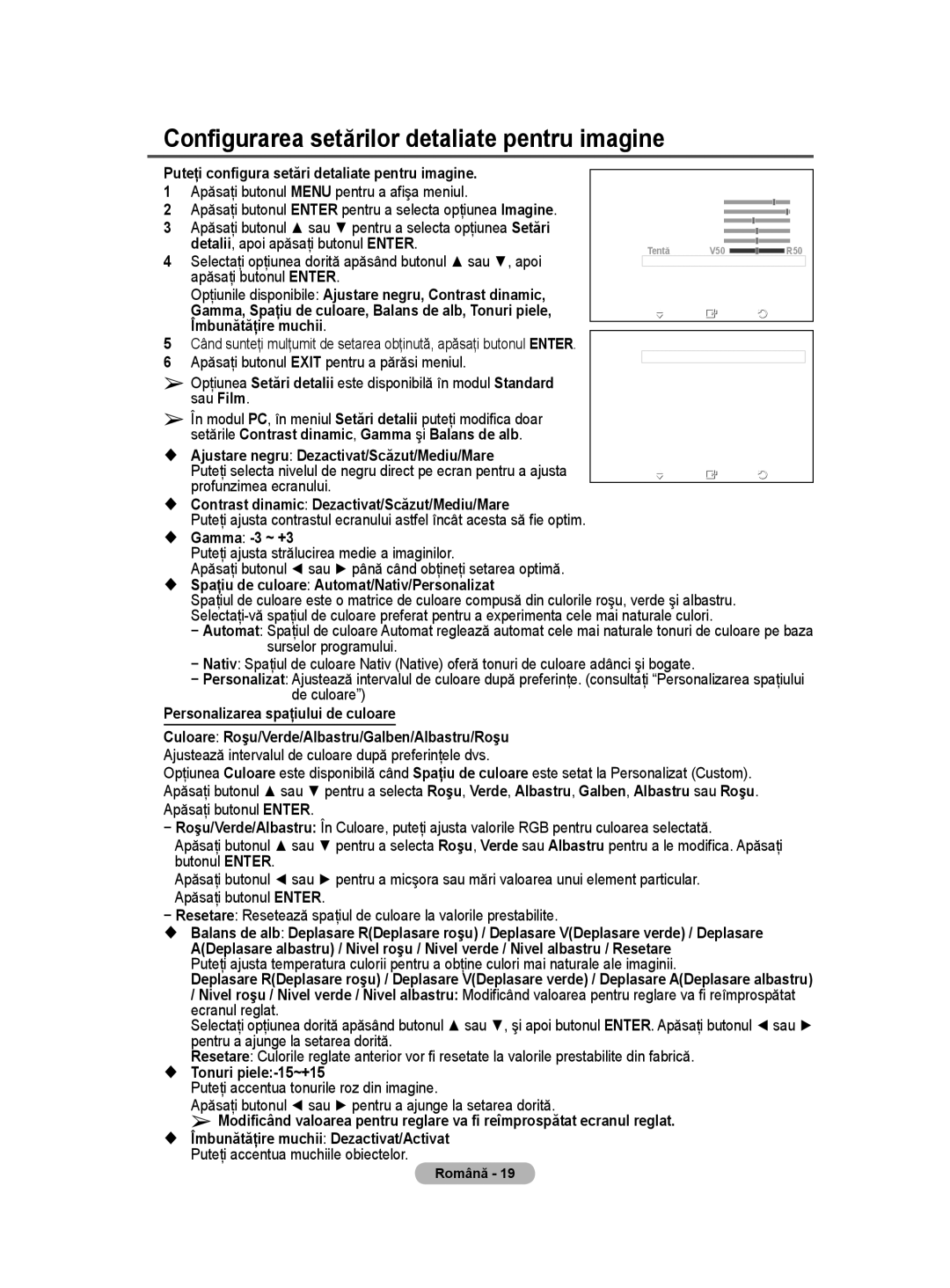 Samsung WMN5090A user manual Configurarea setărilor detaliate pentru imagine 