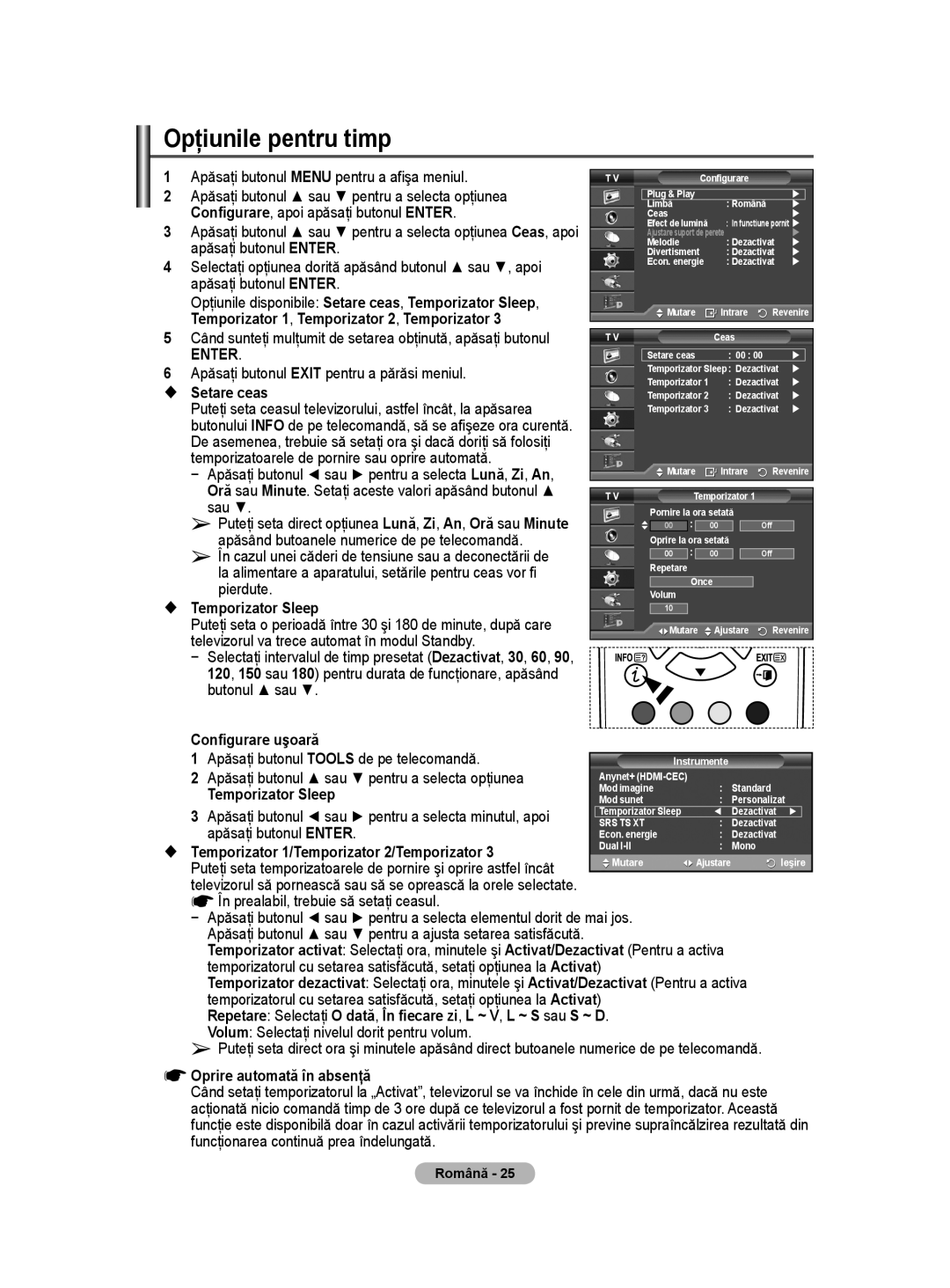 Samsung WMN5090A Opţiunile pentru timp, Configurare uşoară Apăsaţi butonul Tools de pe telecomandă, Temporizator Sleep 