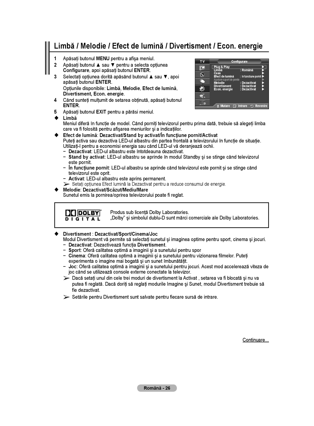 Samsung WMN5090A user manual Configurare, apoi apăsaţi butonul Enter, Divertisment, Econ. energie,  Limbă 