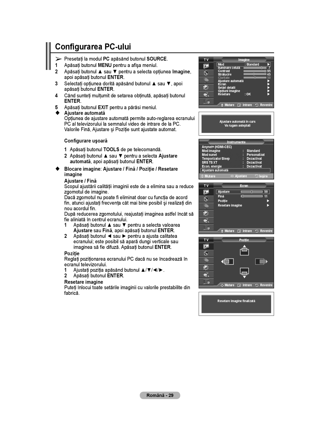 Samsung WMN5090A user manual Configurarea PC-ului,  Ajustare automată, Apăsaţi butonul Tools de pe telecomandă, Poziţie 