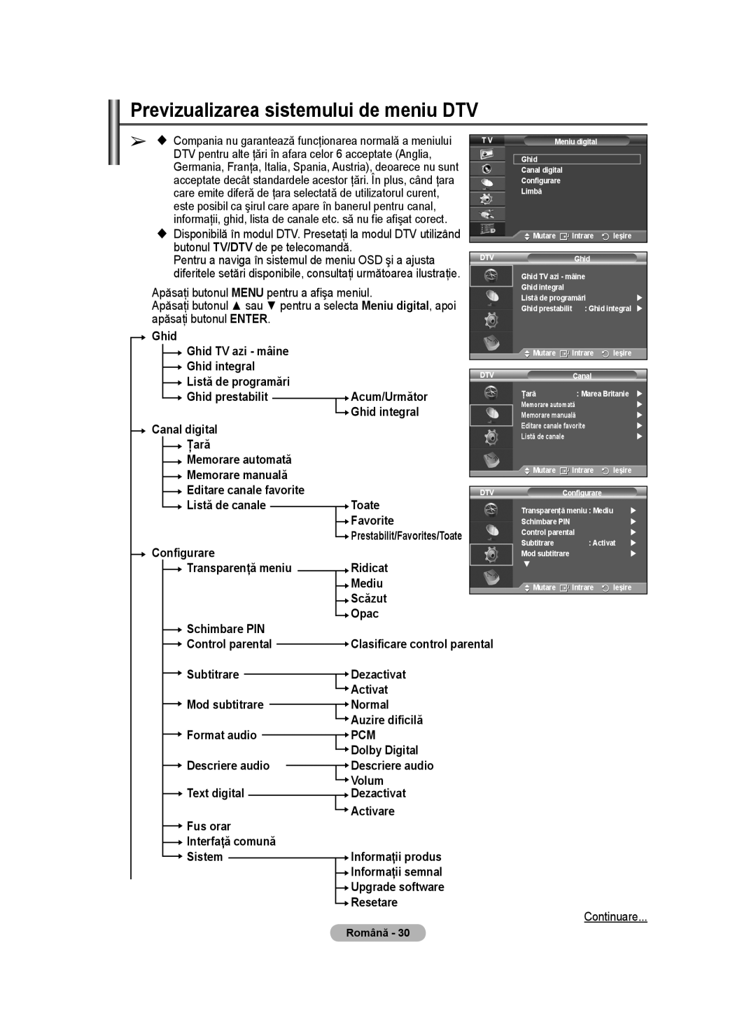 Samsung WMN5090A user manual Previzualizarea sistemului de meniu DTV 