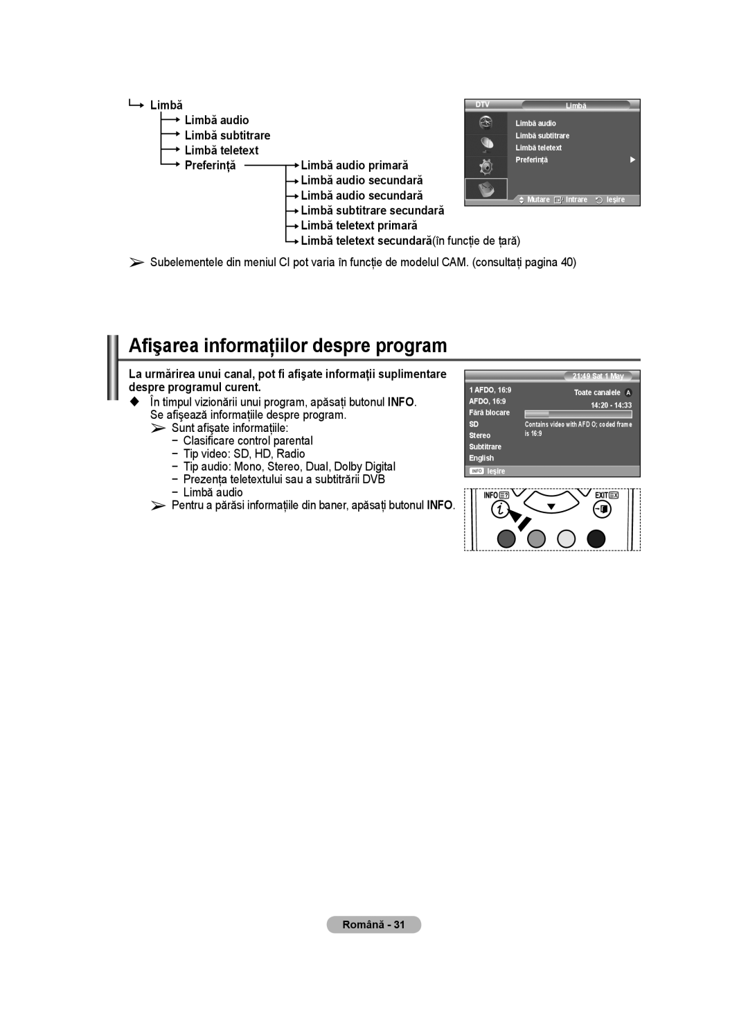 Samsung WMN5090A Afişarea informaţiilor despre program, Limbă audio primară, Limbă audio secundară, Limbă teletext primară 