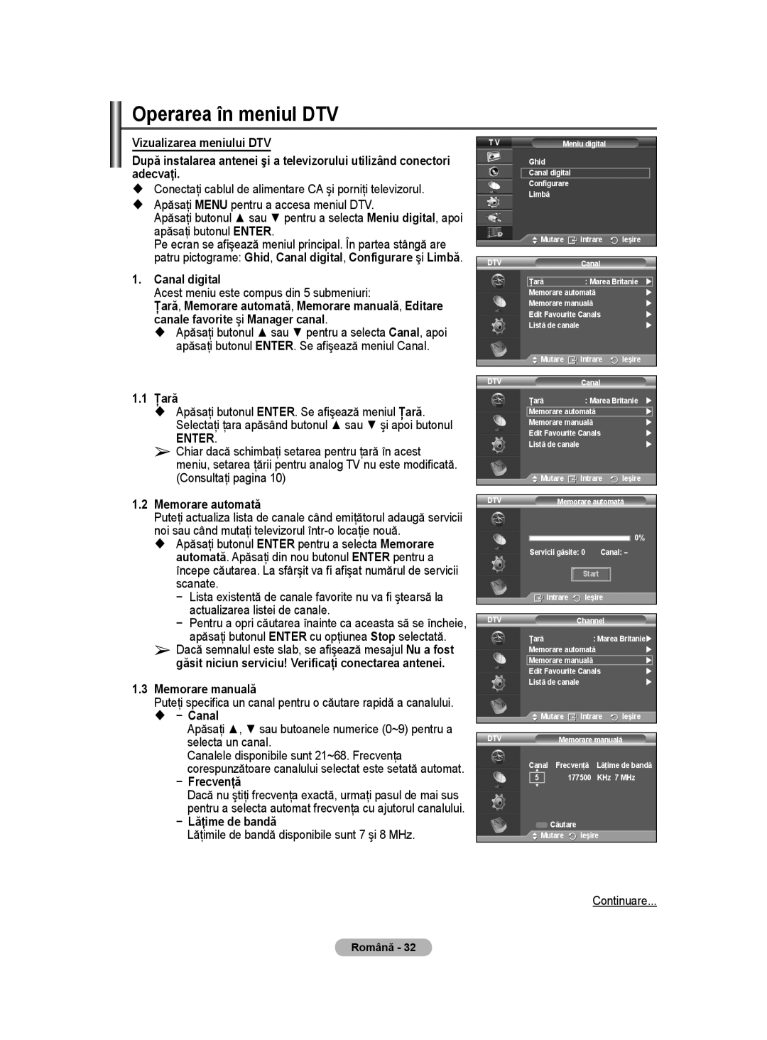 Samsung WMN5090A user manual Operarea în meniul DTV, Ţară, Memorare manuală, Frecvenţă, Lăţime de bandă 