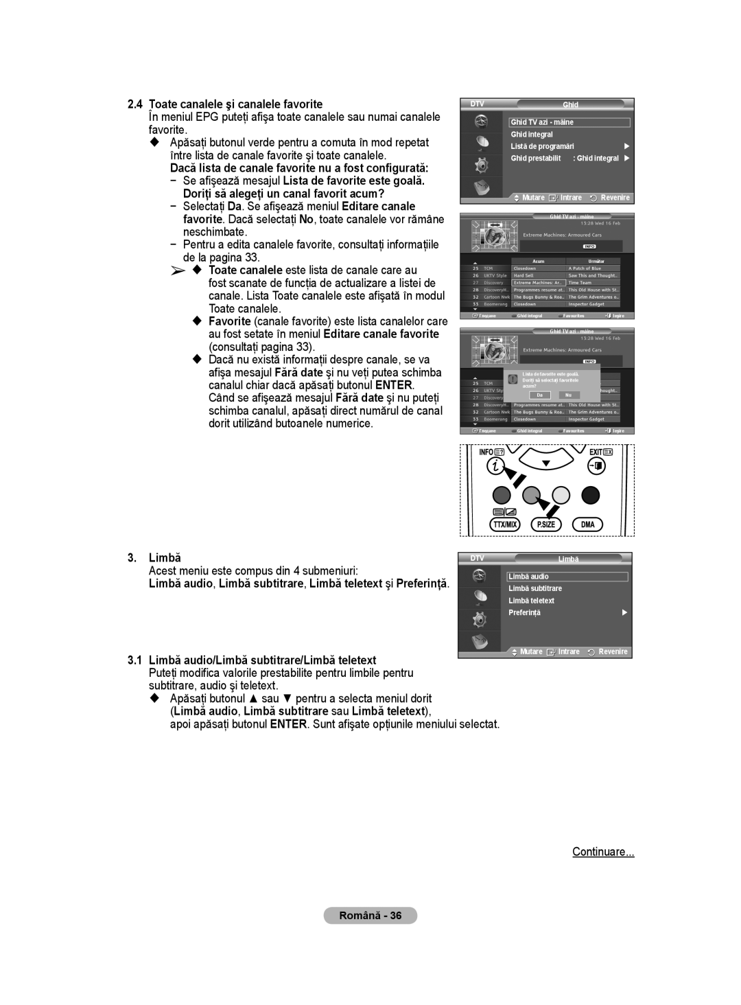 Samsung WMN5090A user manual Toate canalele şi canalele favorite, Doriţi să alegeţi un canal favorit acum?, Limbă 