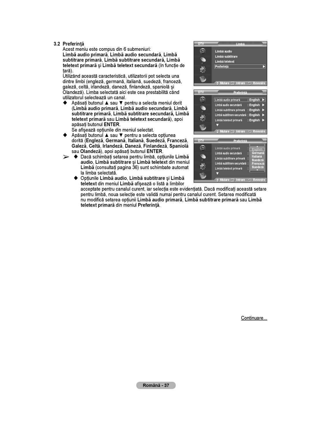 Samsung WMN5090A user manual Preferinţă, Audio, Limbă subtitrare şi Limbă teletext din meniul 