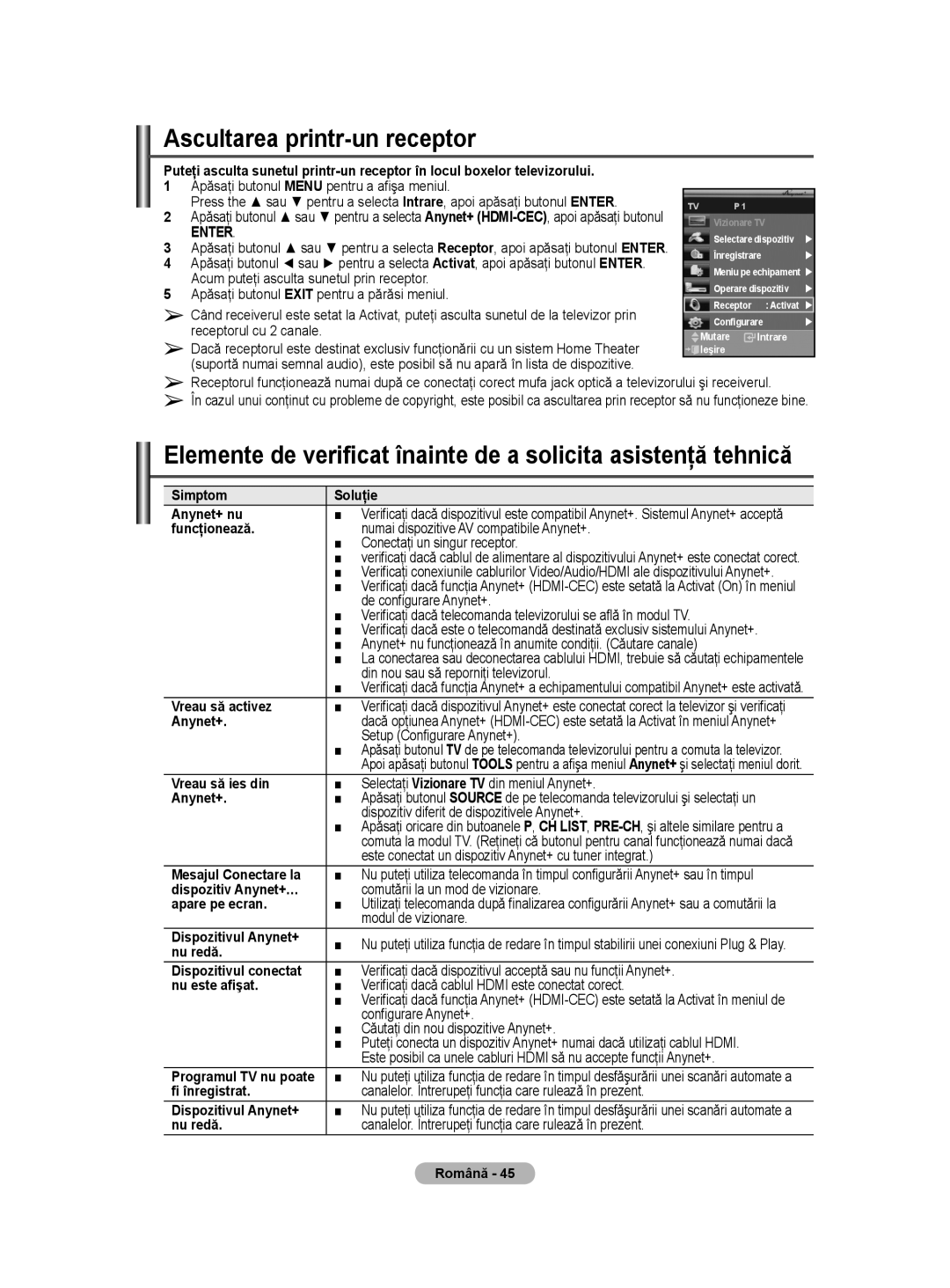 Samsung WMN5090A user manual Ascultarea printr-un receptor 