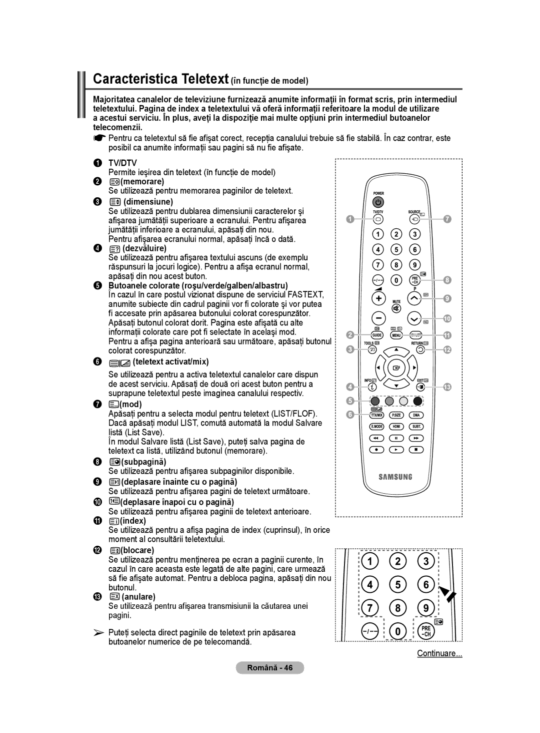 Samsung WMN5090A user manual Caracteristica Teletext în funcţie de model 