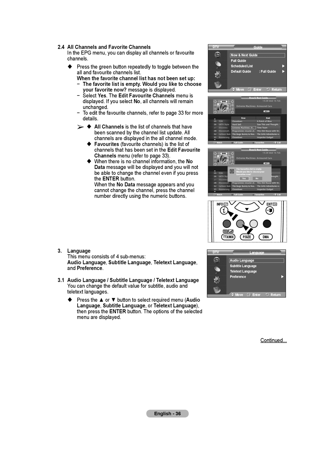 Samsung WMN5090A All Channels and Favorite Channels, Language, When the favorite channel list has not been set up 