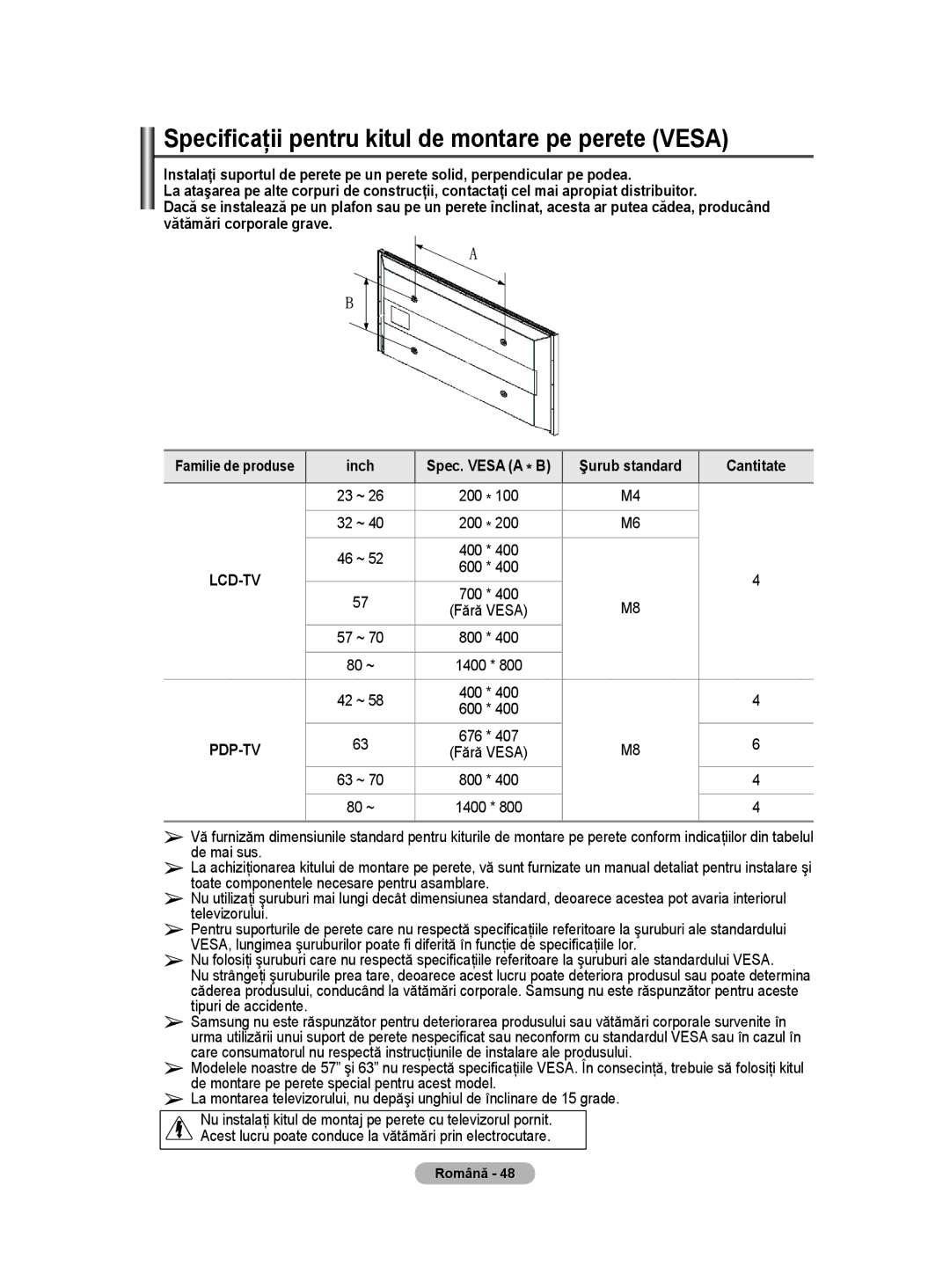 Samsung WMN5090A user manual Specificaţii pentru kitul de montare pe perete Vesa, Fără Vesa 57 ~ 