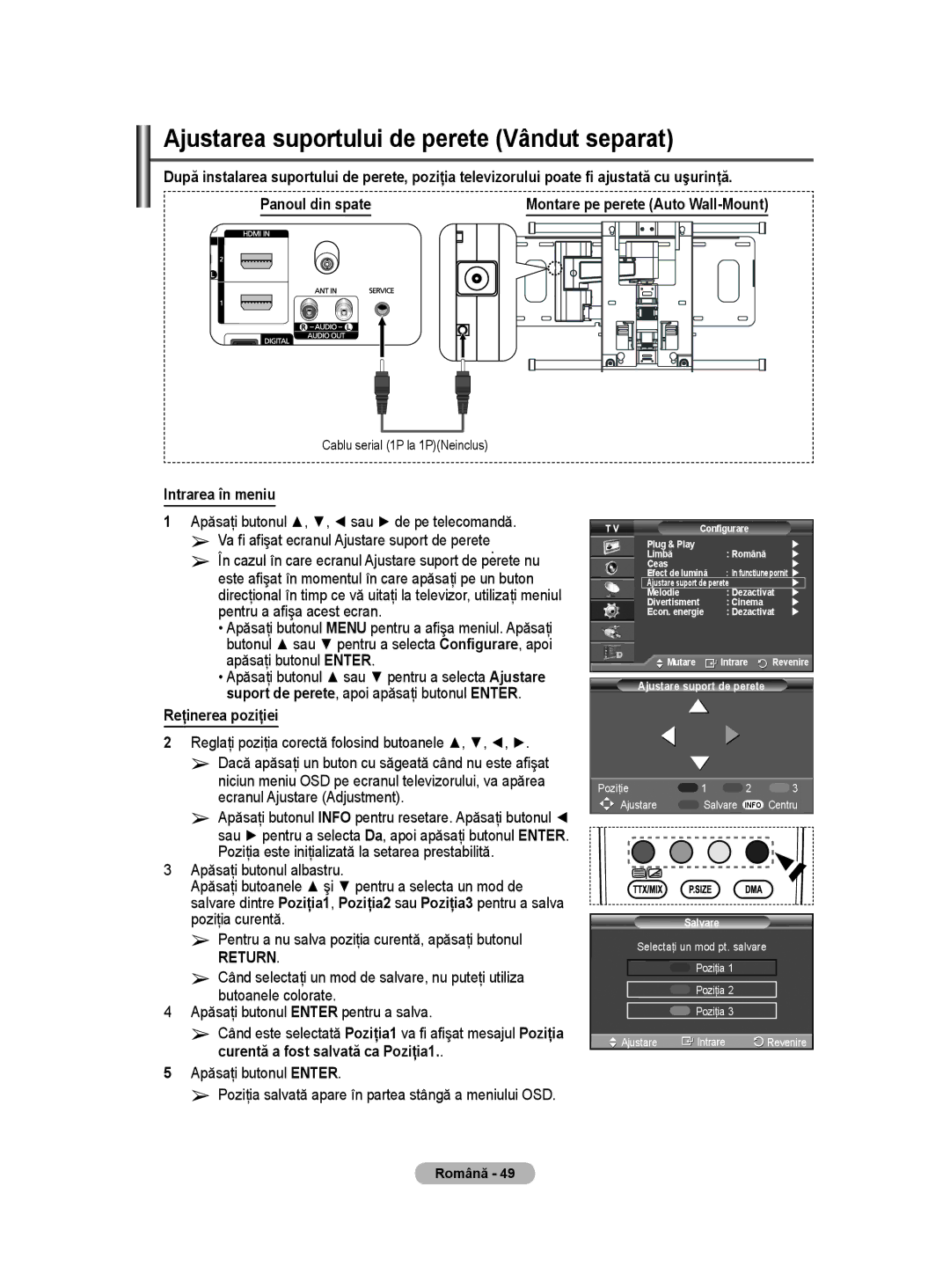 Samsung WMN5090A user manual Ajustarea suportului de perete Vândut separat, Intrarea în meniu, Reţinerea poziţiei 