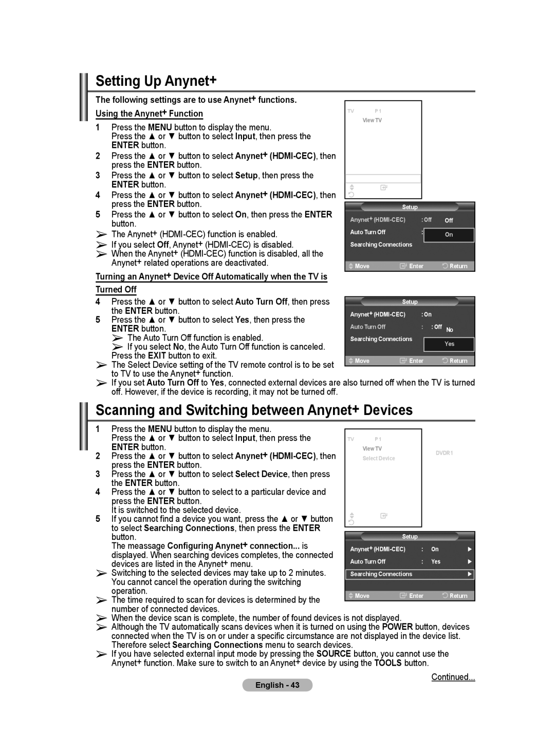 Samsung WMN5090A user manual Setting Up Anynet+, Scanning and Switching between Anynet+ Devices, Turned Off 