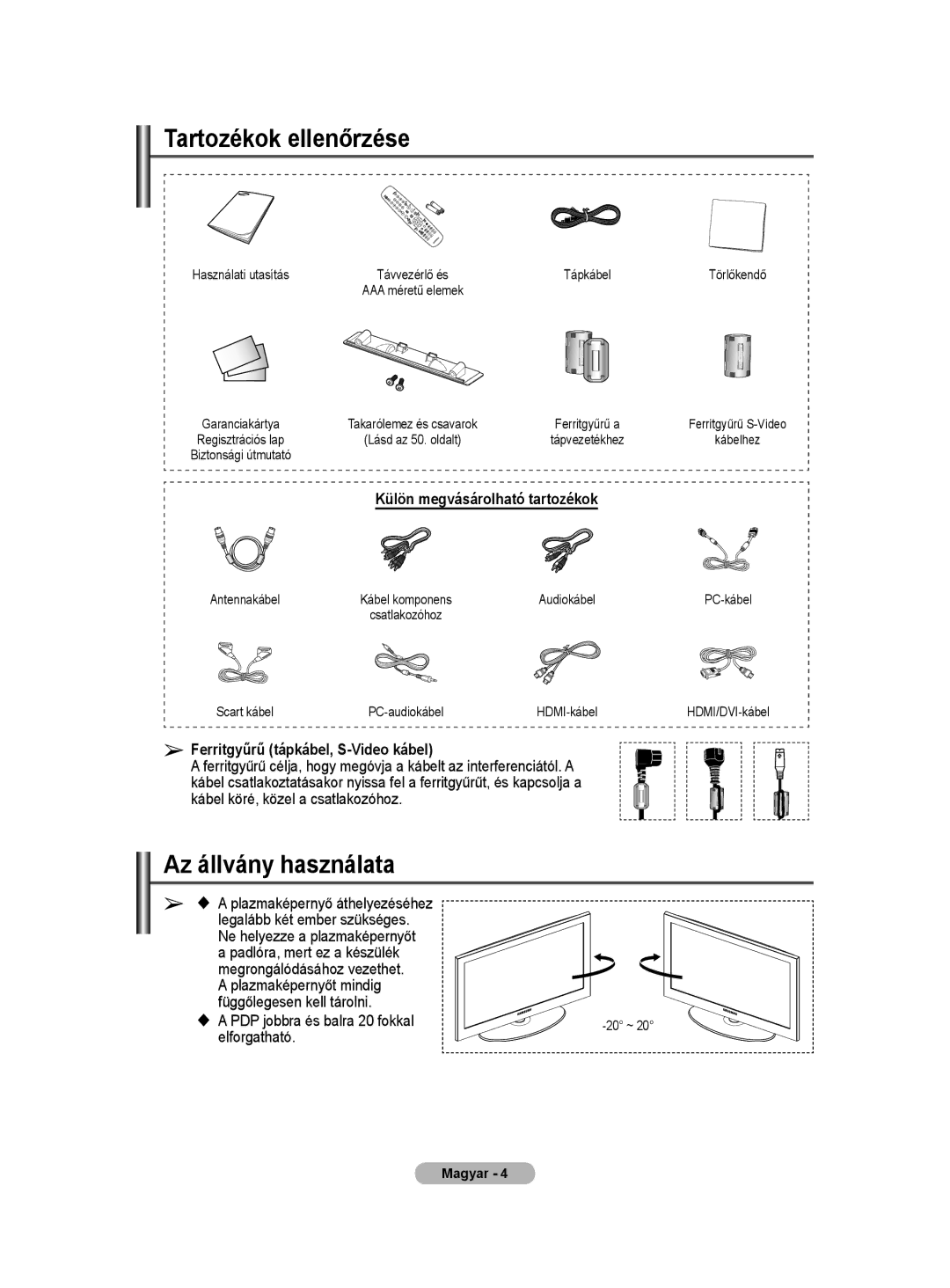 Samsung WMN5090A user manual Tartozékok ellenőrzése, Az állvány használata, Külön megvásárolható tartozékok 