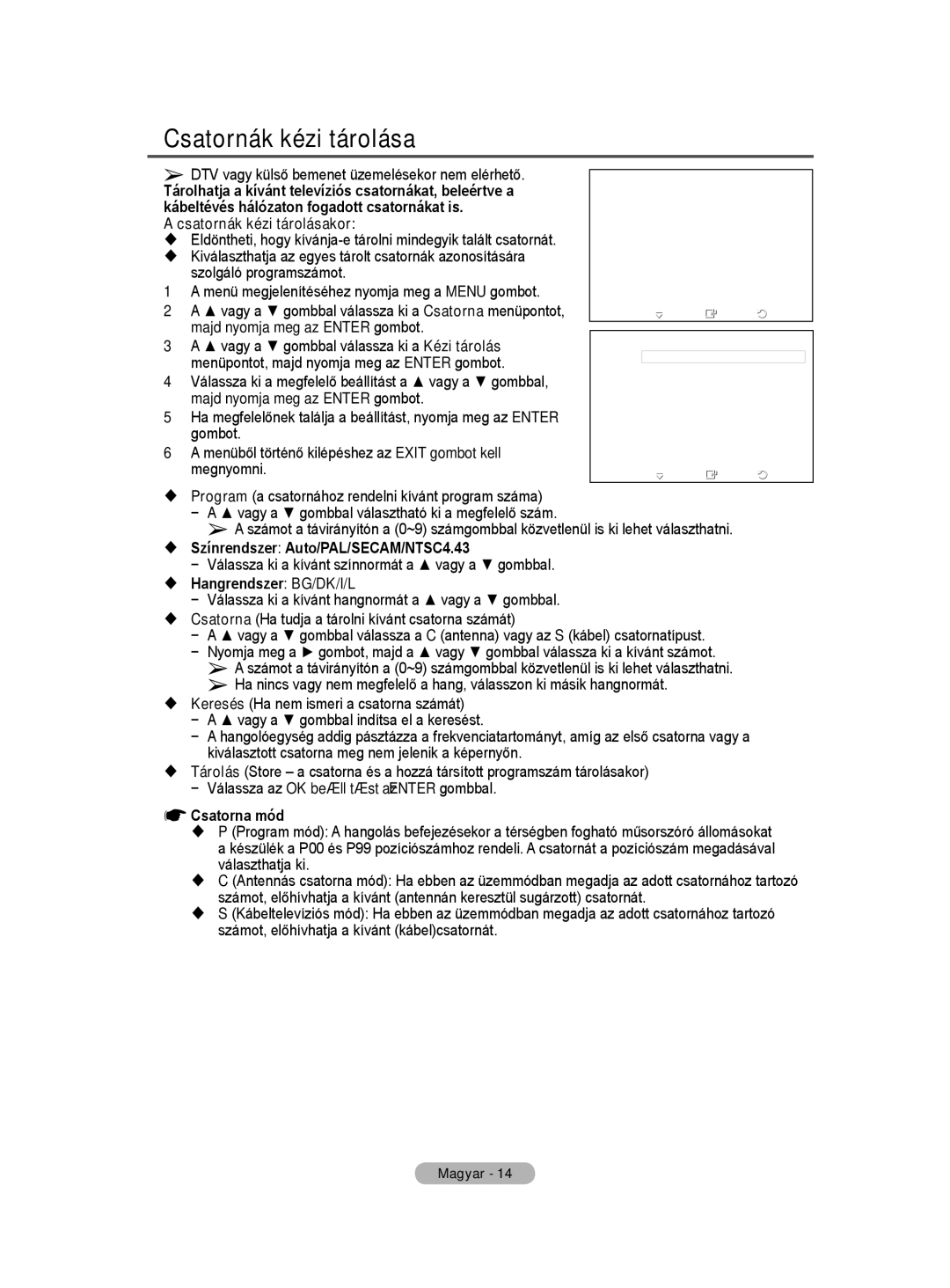 Samsung WMN5090A user manual Csatornák kézi tárolása 