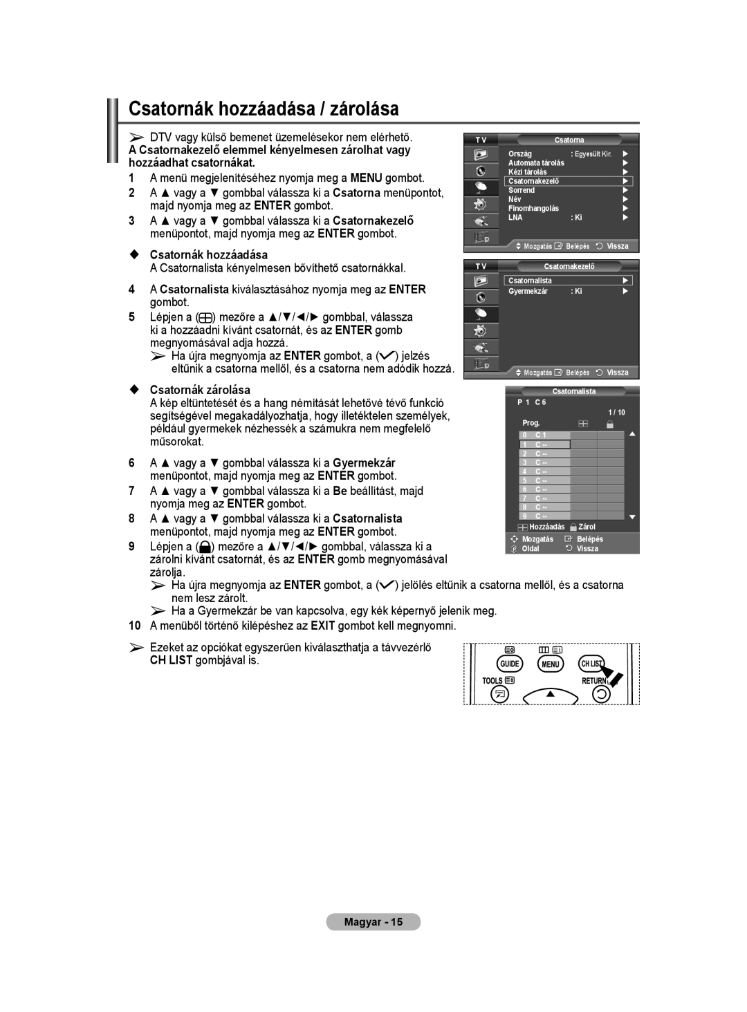 Samsung WMN5090A user manual Csatornák hozzáadása / zárolása 