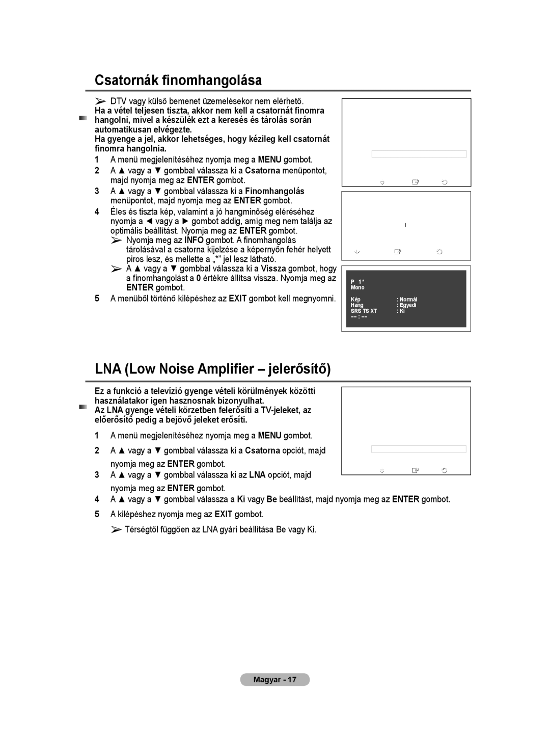 Samsung WMN5090A user manual Csatornák finomhangolása, LNA Low Noise Amplifier jelerősítő 