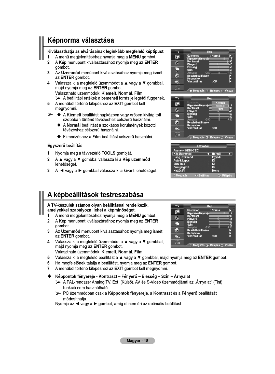 Samsung WMN5090A user manual Képnorma választása, Képbeállítások testreszabása, Amelyekkel szabályozni lehet a képminőséget 