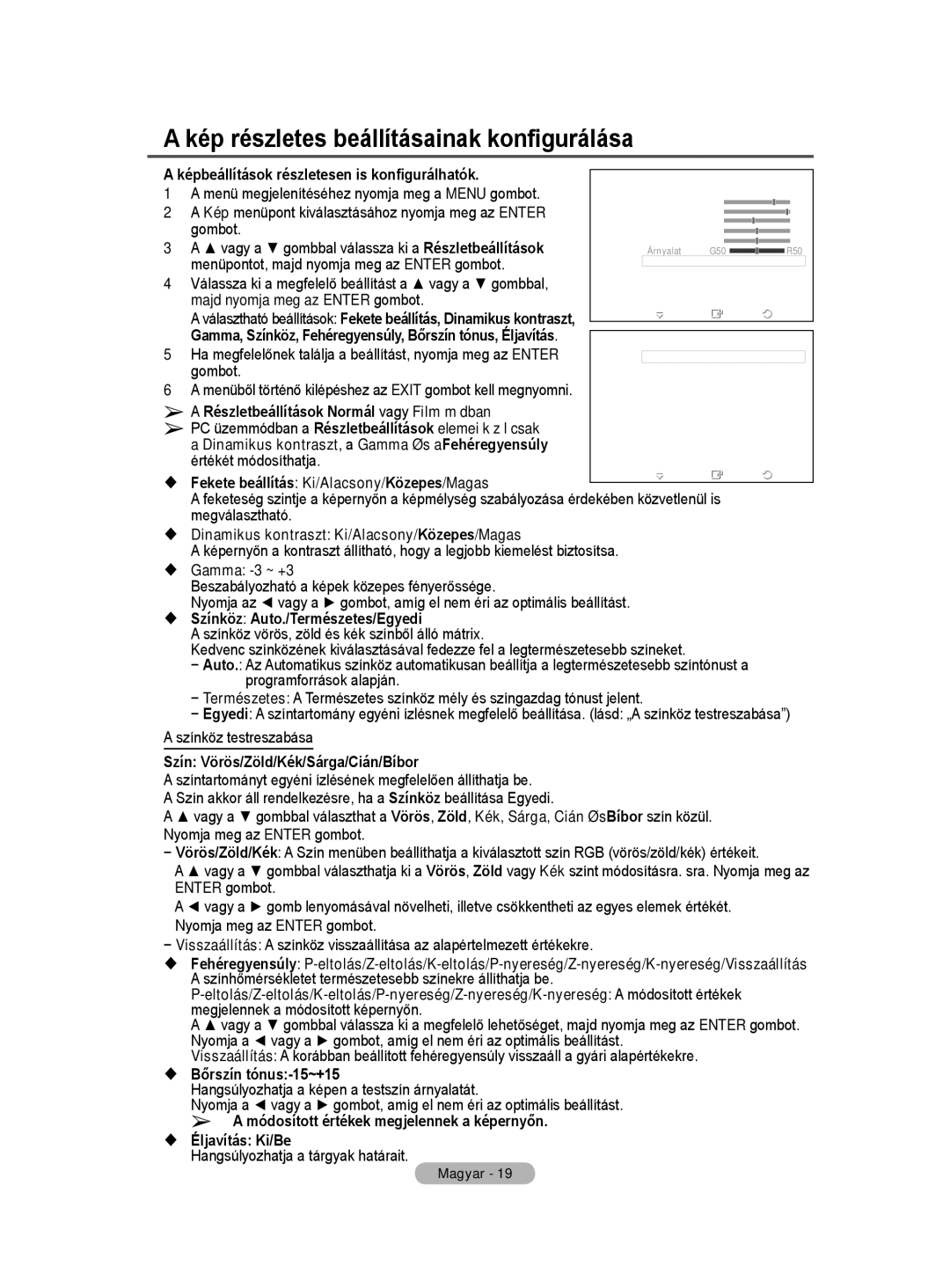 Samsung WMN5090A user manual Kép részletes beállításainak konfigurálása 