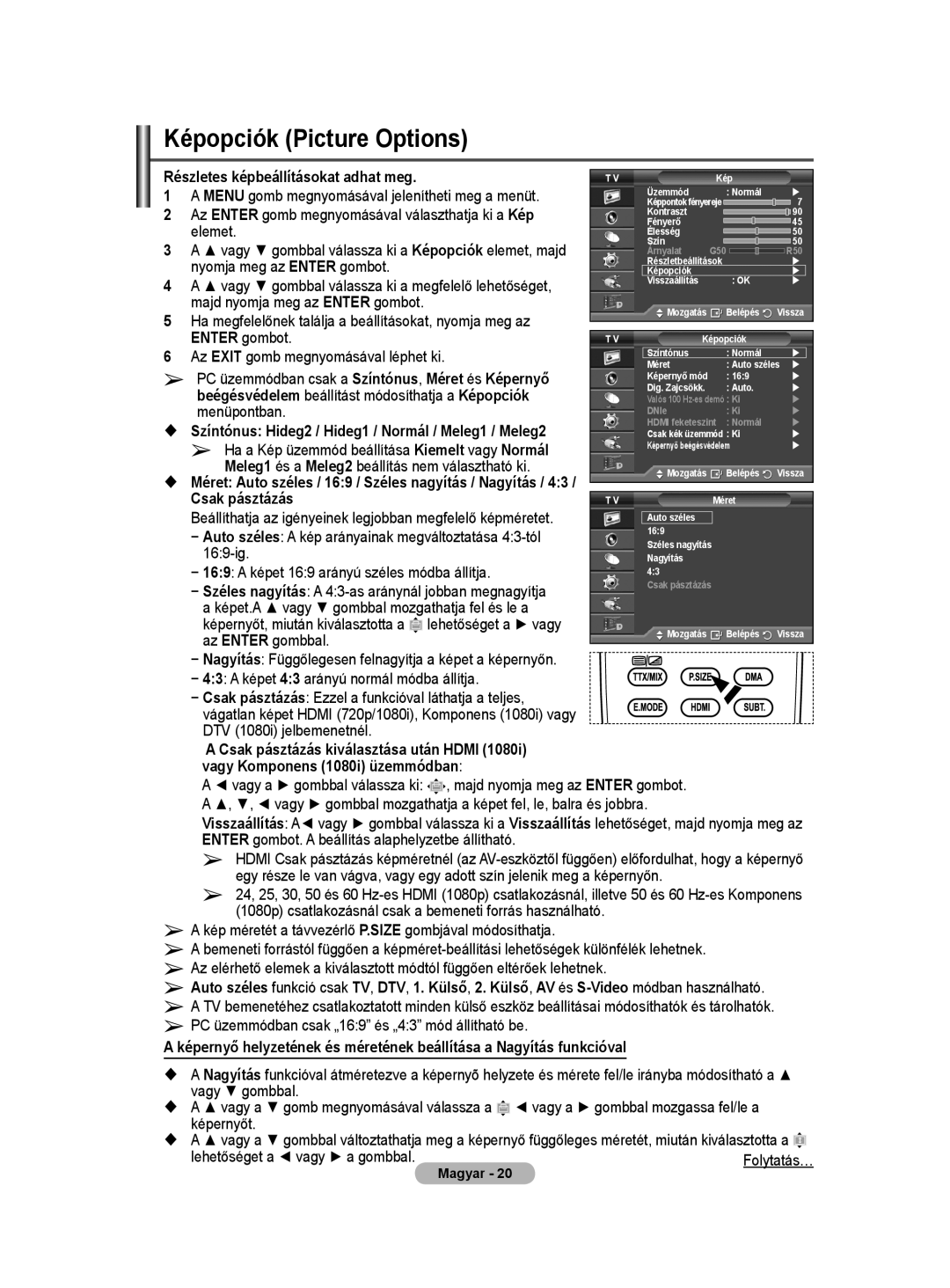 Samsung WMN5090A user manual Képopciók Picture Options 