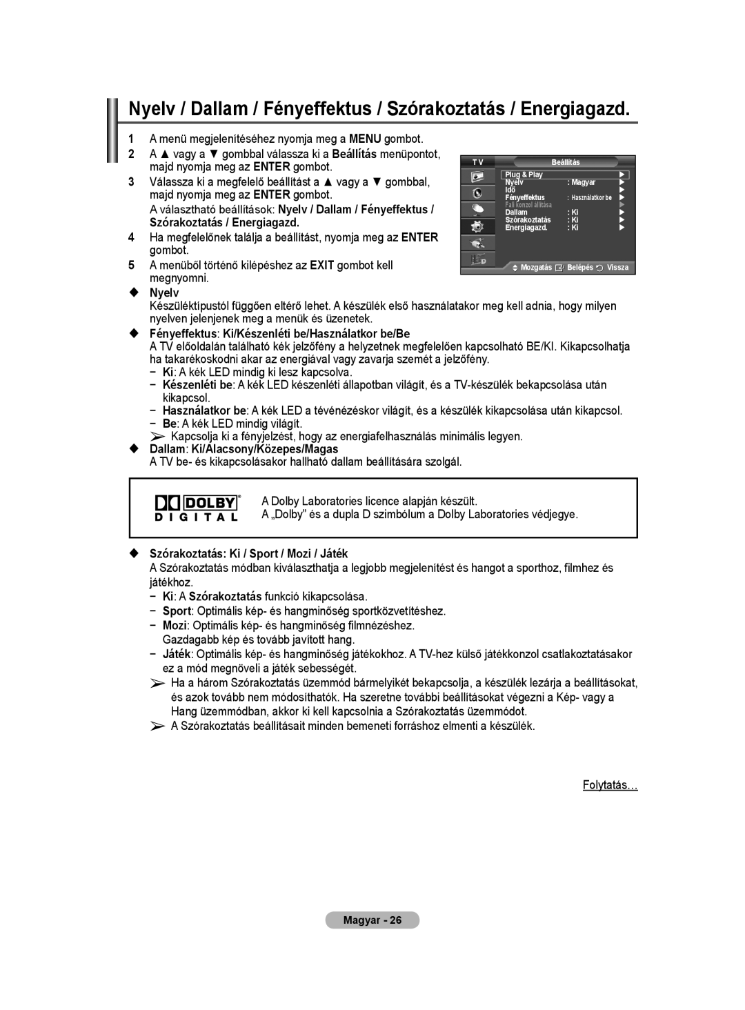 Samsung WMN5090A user manual Nyelv / Dallam / Fényeffektus / Szórakoztatás / Energiagazd 