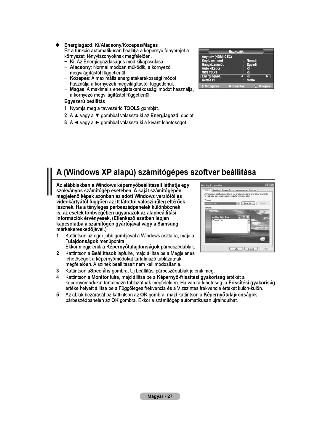 Samsung WMN5090A user manual Windows XP alapú számítógépes szoftver beállítása,  Energiagazd Ki/Alacsony/Közepes/Magas 