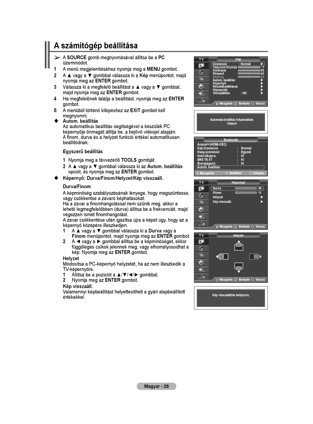 Samsung WMN5090A user manual Számítógép beállítása,  Autom. beállítás,  Képernyő Durva/Finom/Helyzet/Kép visszaáll 