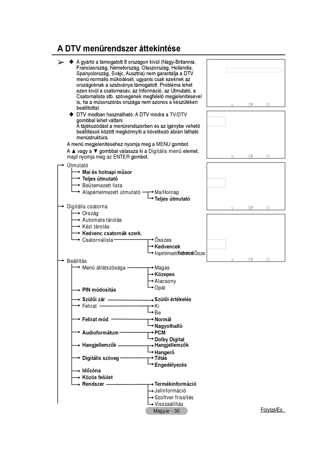 Samsung WMN5090A user manual DTV menürendszer áttekintése, Útmutató, Jelinformáció Szoftver frissítés Visszaállítás Magyar 