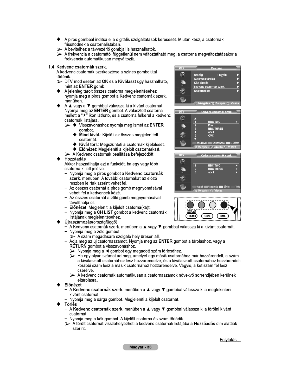 Samsung WMN5090A user manual Kedvenc csatornák szerk,  Hozzáadás,  Előnézet,  Törlés 