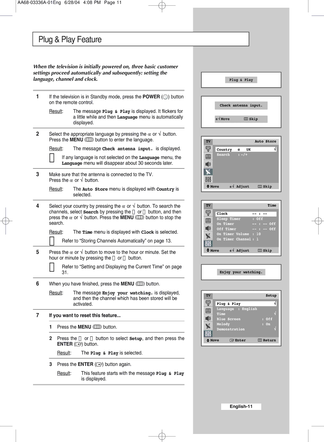 Samsung WS-32M206V manual Plug & Play Feature, Result The message Check antenna input. is displayed 