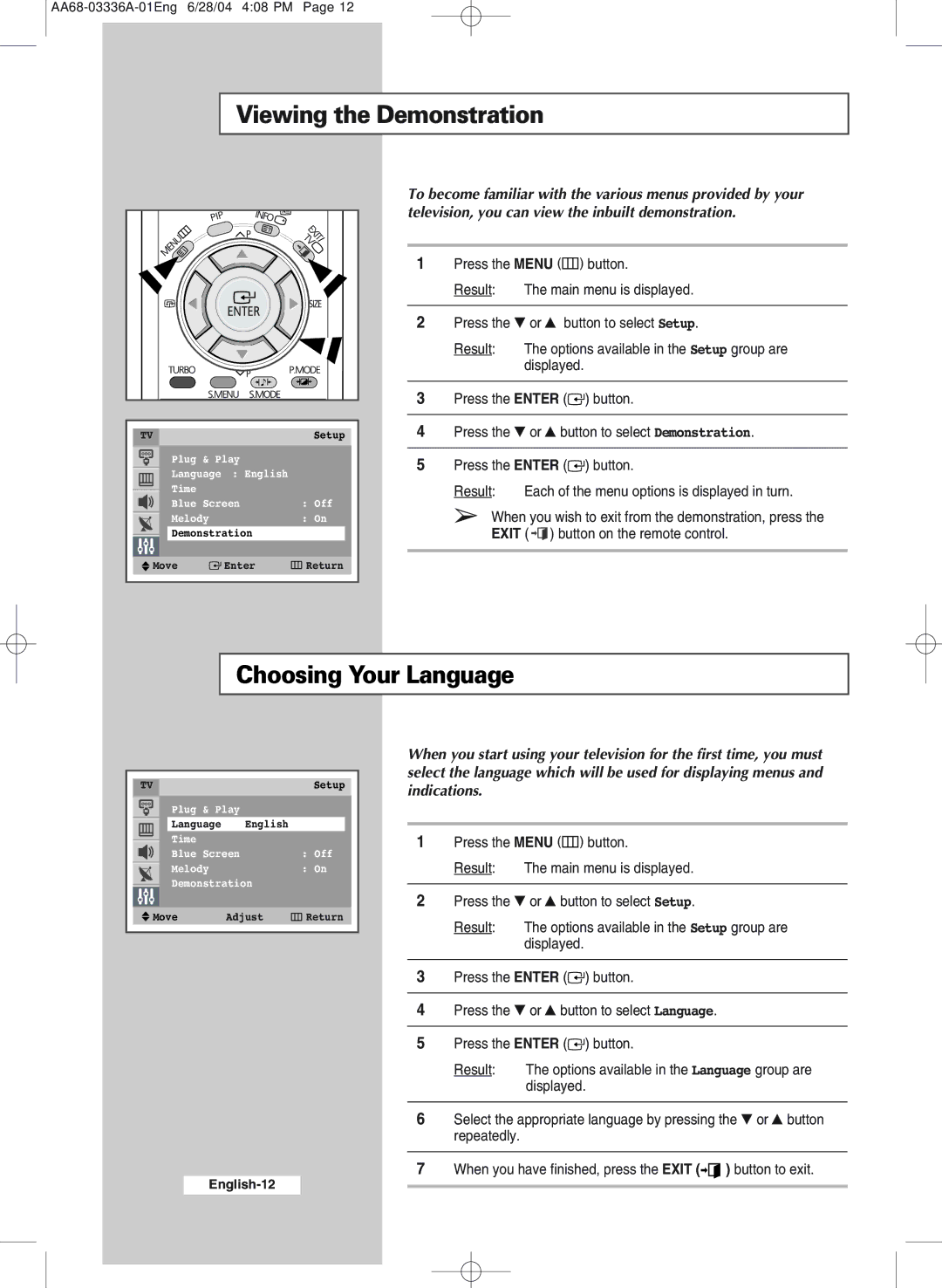 Samsung WS-32M206V manual Viewing the Demonstration, Choosing Your Language 