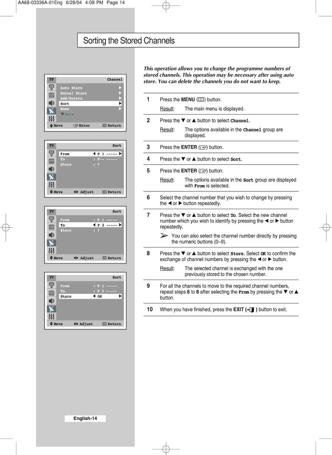 Samsung WS-32M206V manual Sorting the Stored Channels 