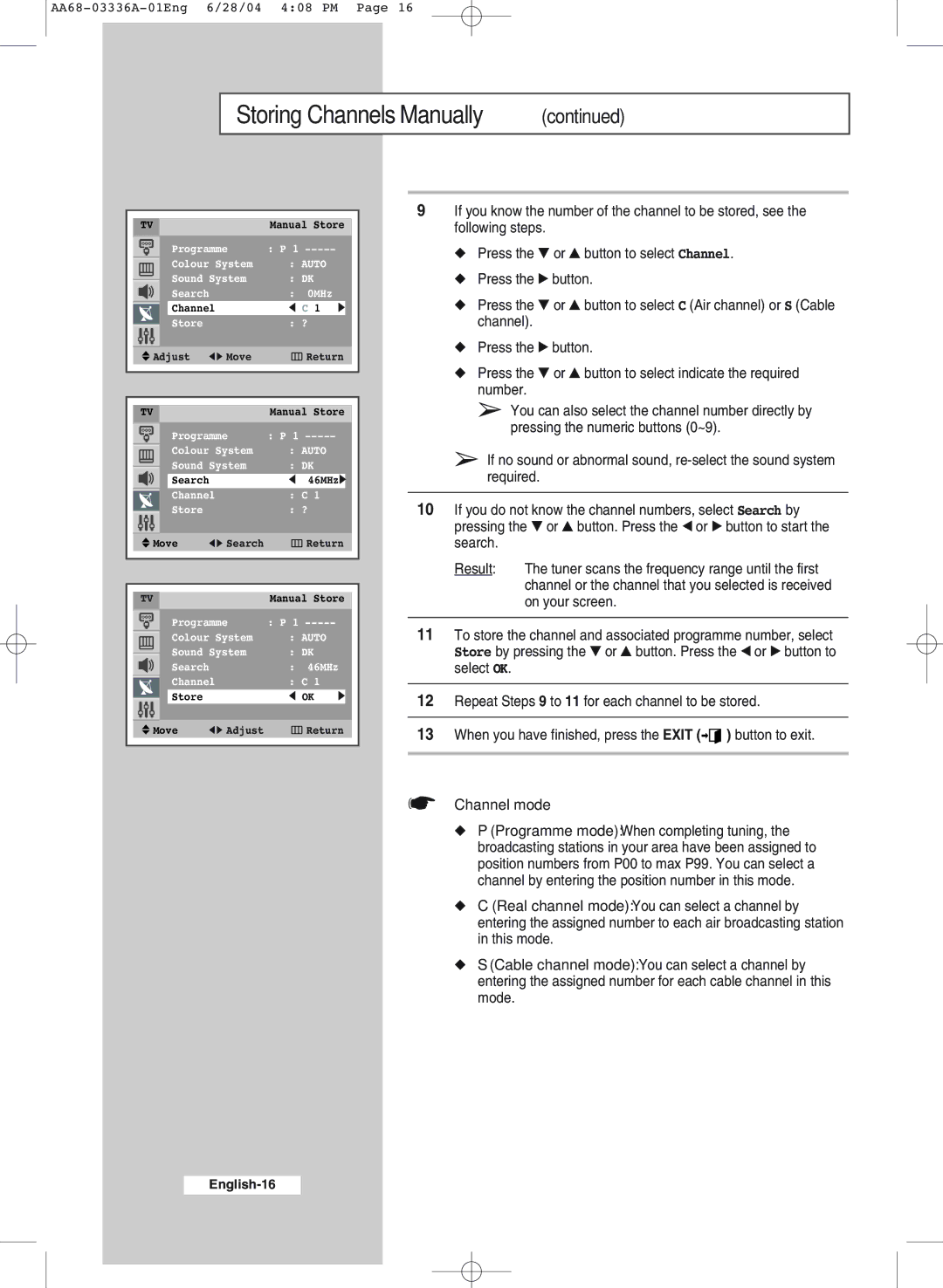 Samsung WS-32M206V manual Channel mode 