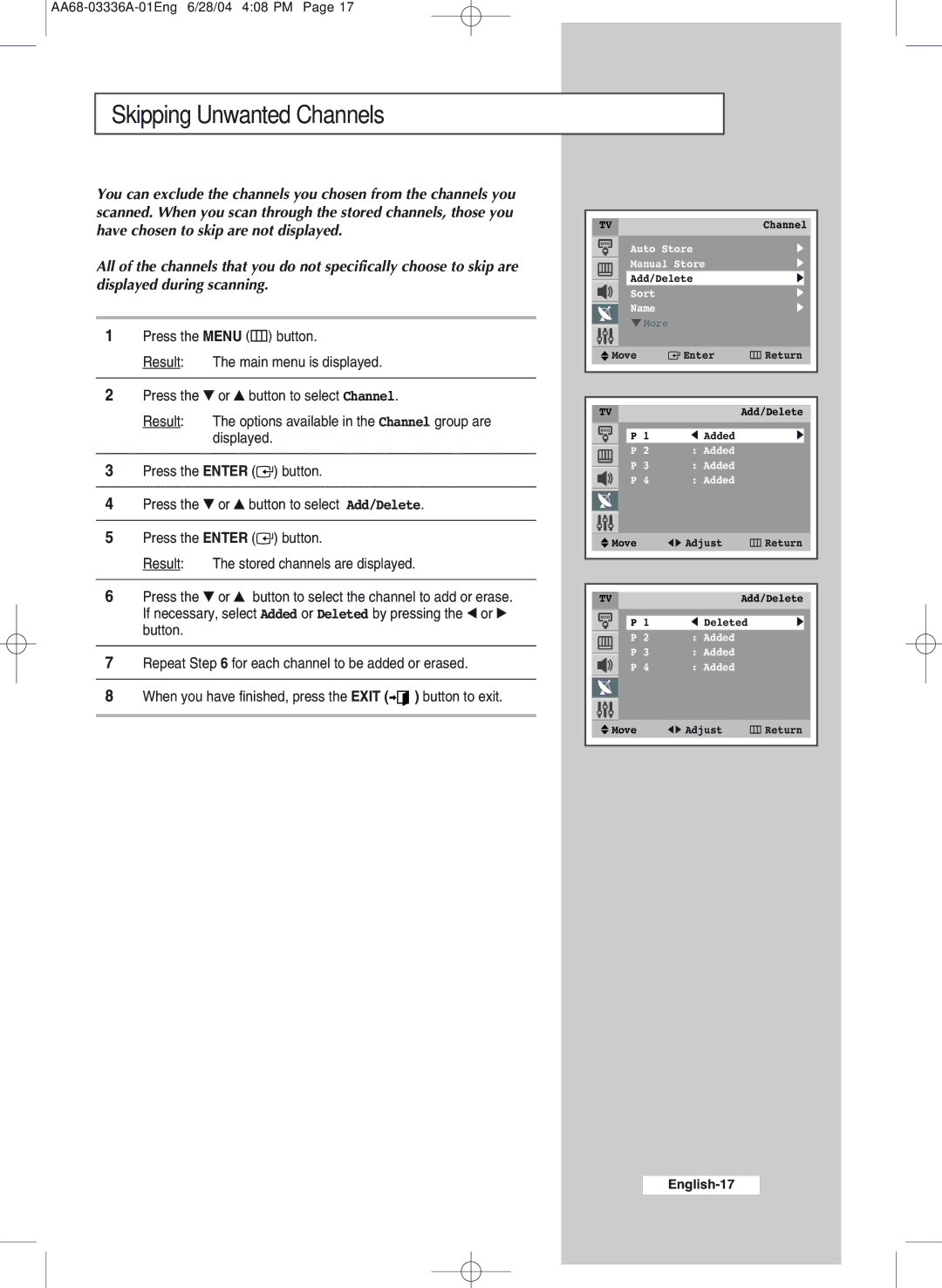 Samsung WS-32M206V manual Skipping Unwanted Channels 