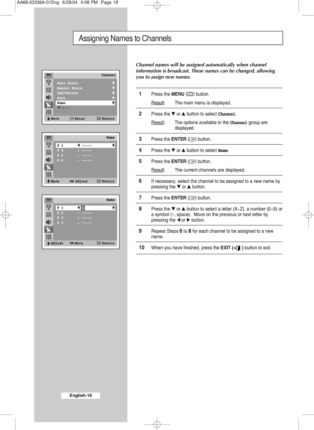 Samsung WS-32M206V manual Assigning Names to Channels 